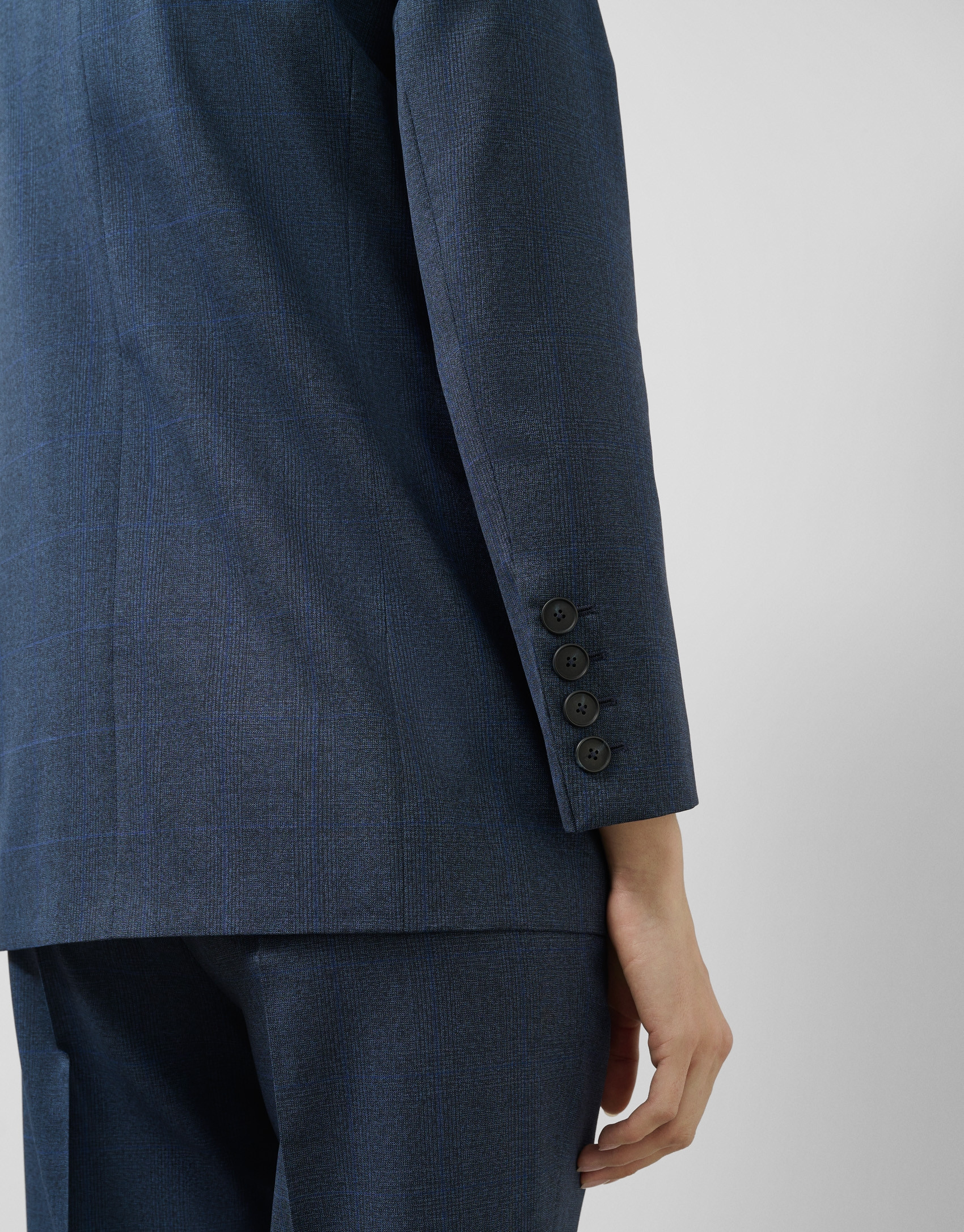 Navy blue light wool glen plaid blazer with one button