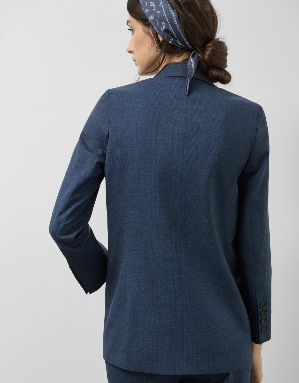 Navy blue light wool glen plaid blazer with one button