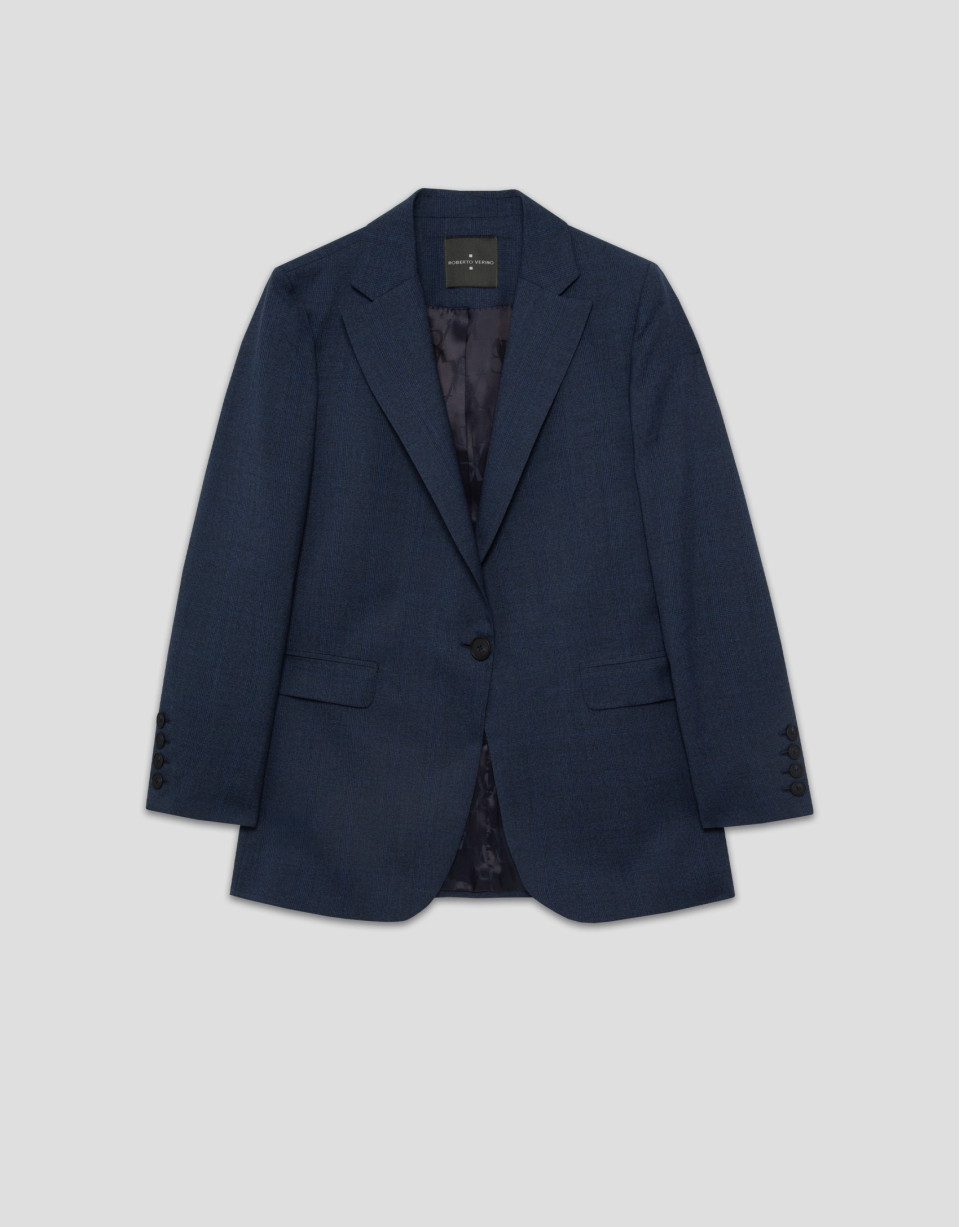 Navy blue light wool glen plaid blazer with one button