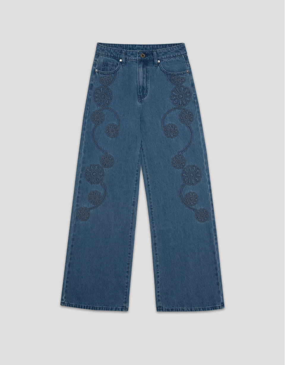 Blue wide denim pants with floral embroidery | Roberto Verino
