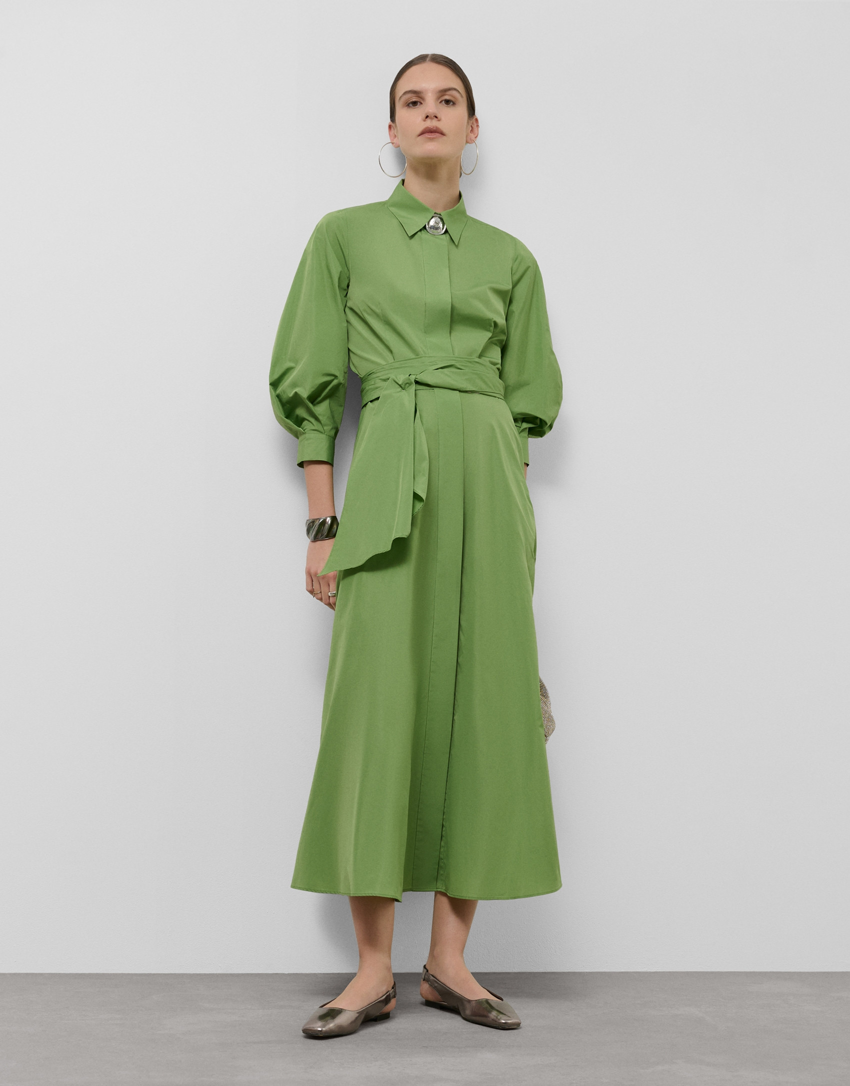 Vestido camisero midi manga larga tafeta verde | Roberto Verino