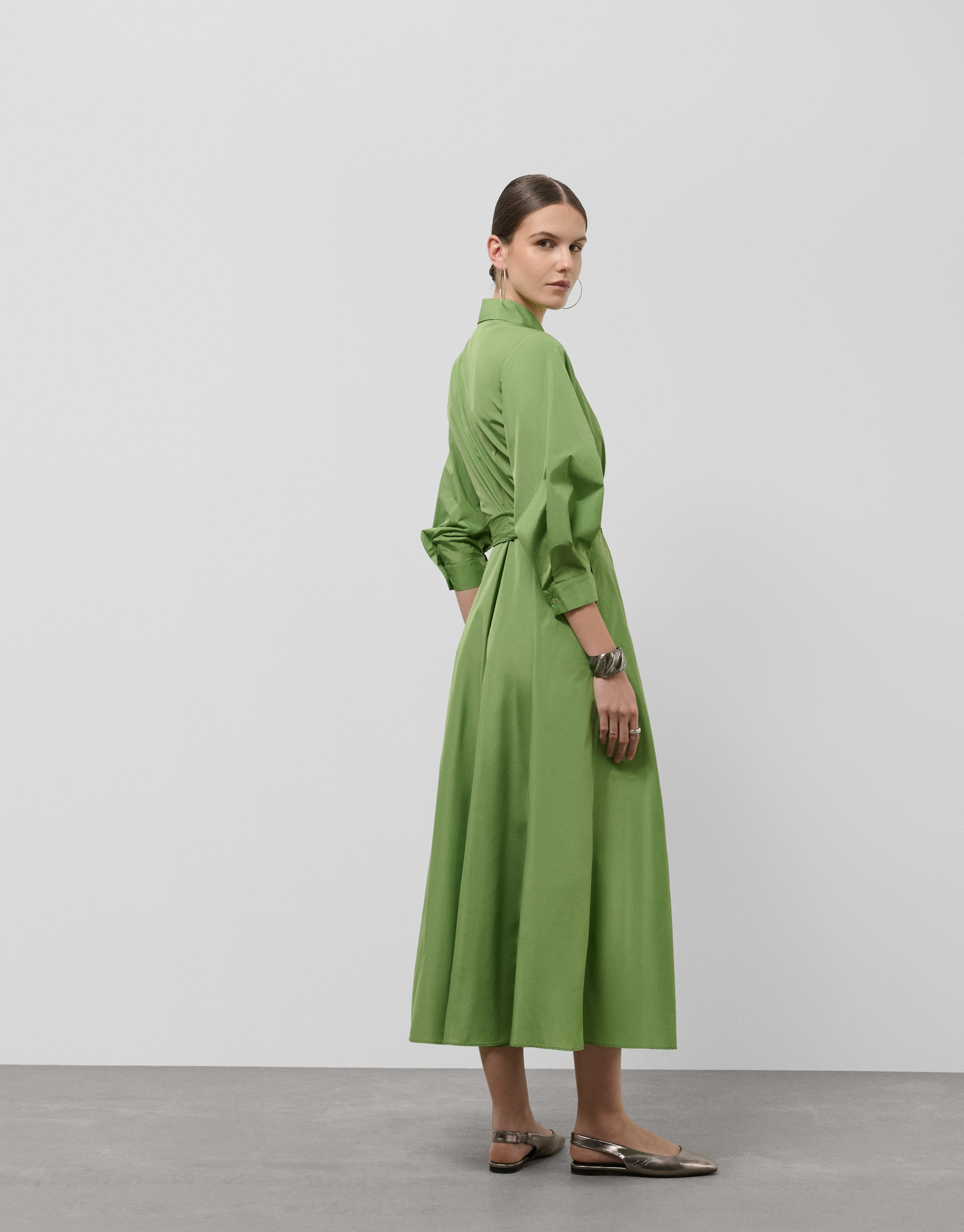 Green taffeta long sleeve midi shirt dress | Roberto Verino