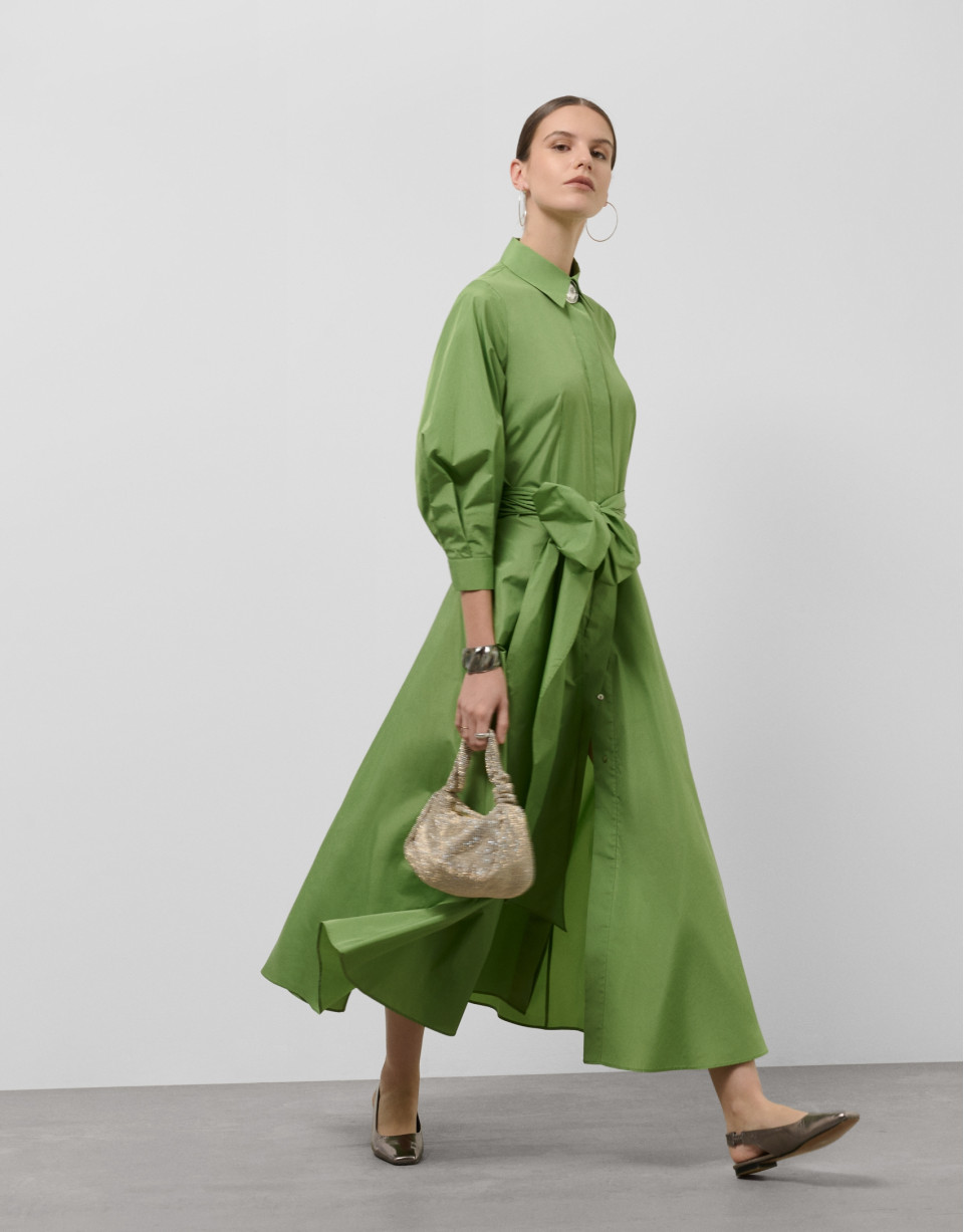 Green taffeta long sleeve midi shirt dress | Roberto Verino