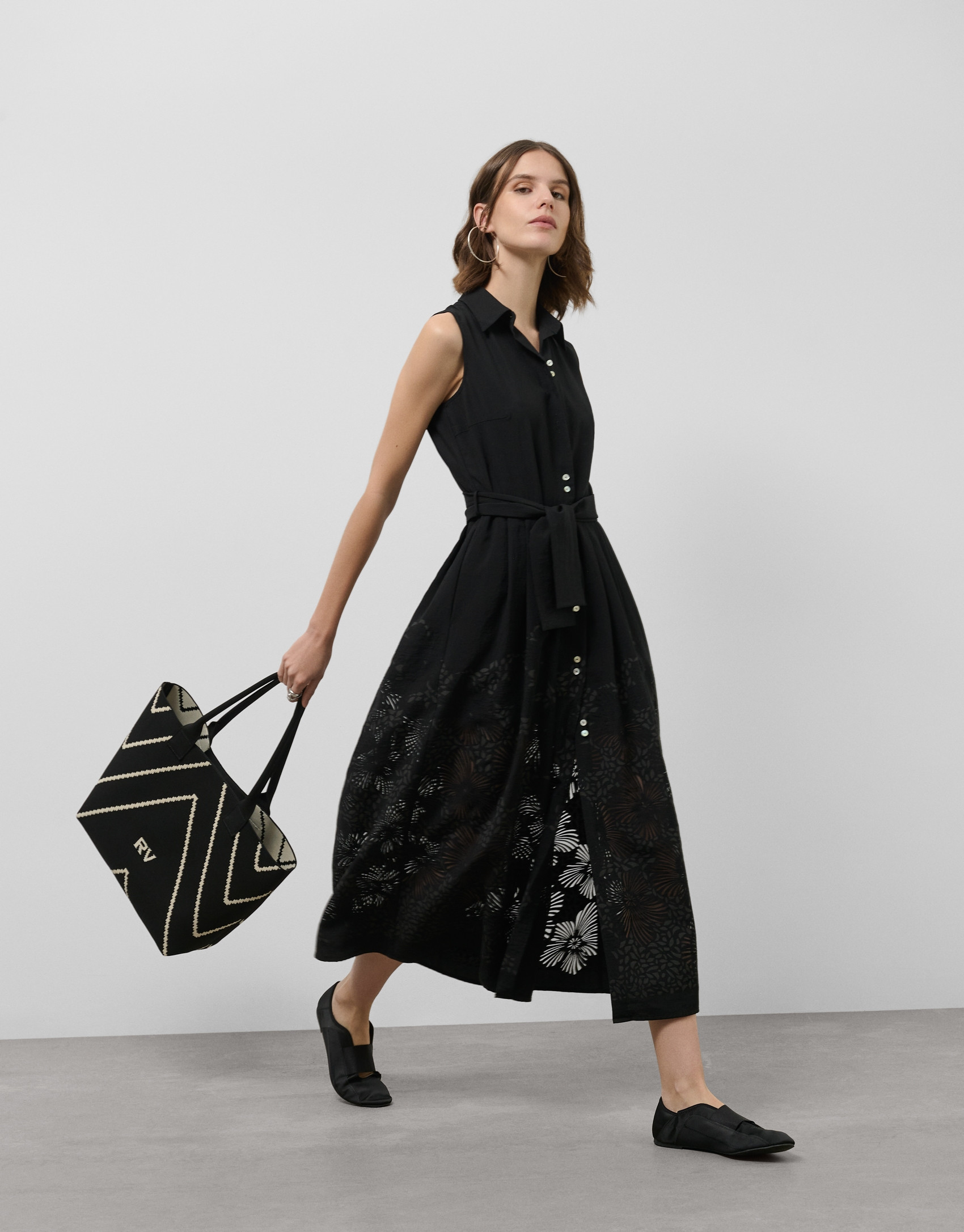 Black midi devoré shirtwaist dress with ... | Roberto Verino