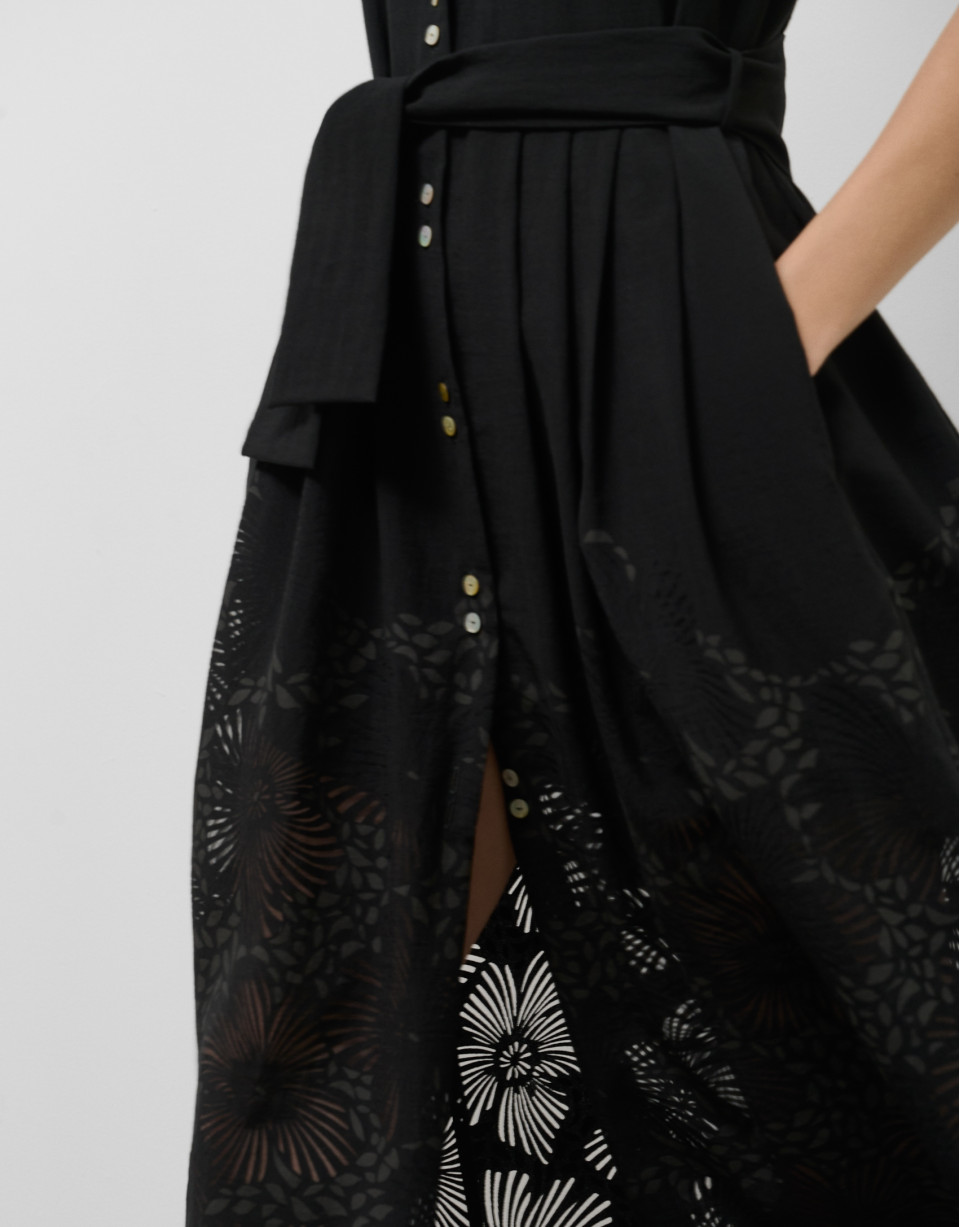 Black midi devoré shirtwaist dress with ... | Roberto Verino