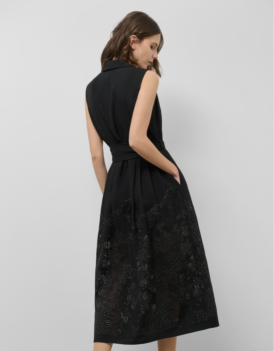 Black midi devoré shirtwaist dress with ... | Roberto Verino