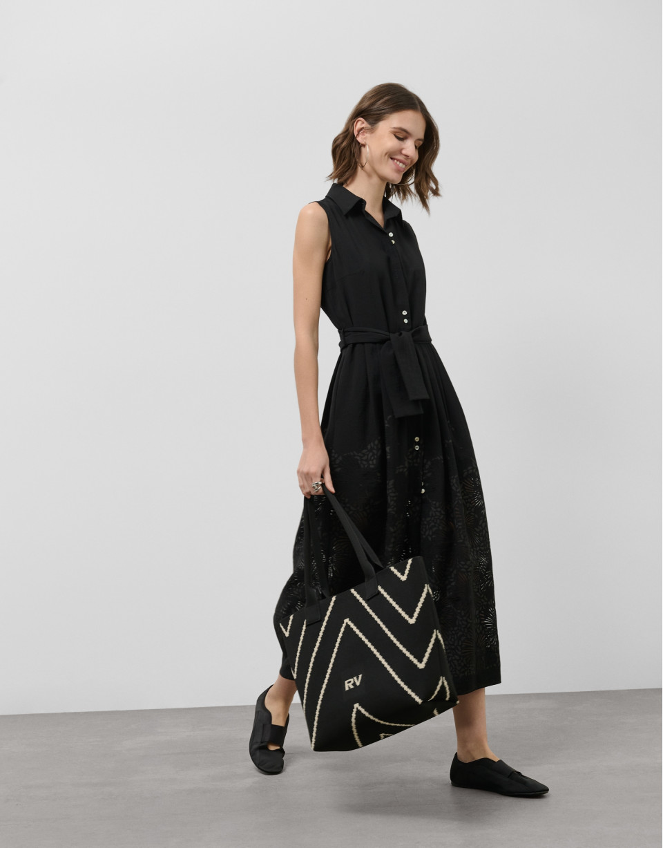 Black midi devoré shirtwaist dress with ... | Roberto Verino
