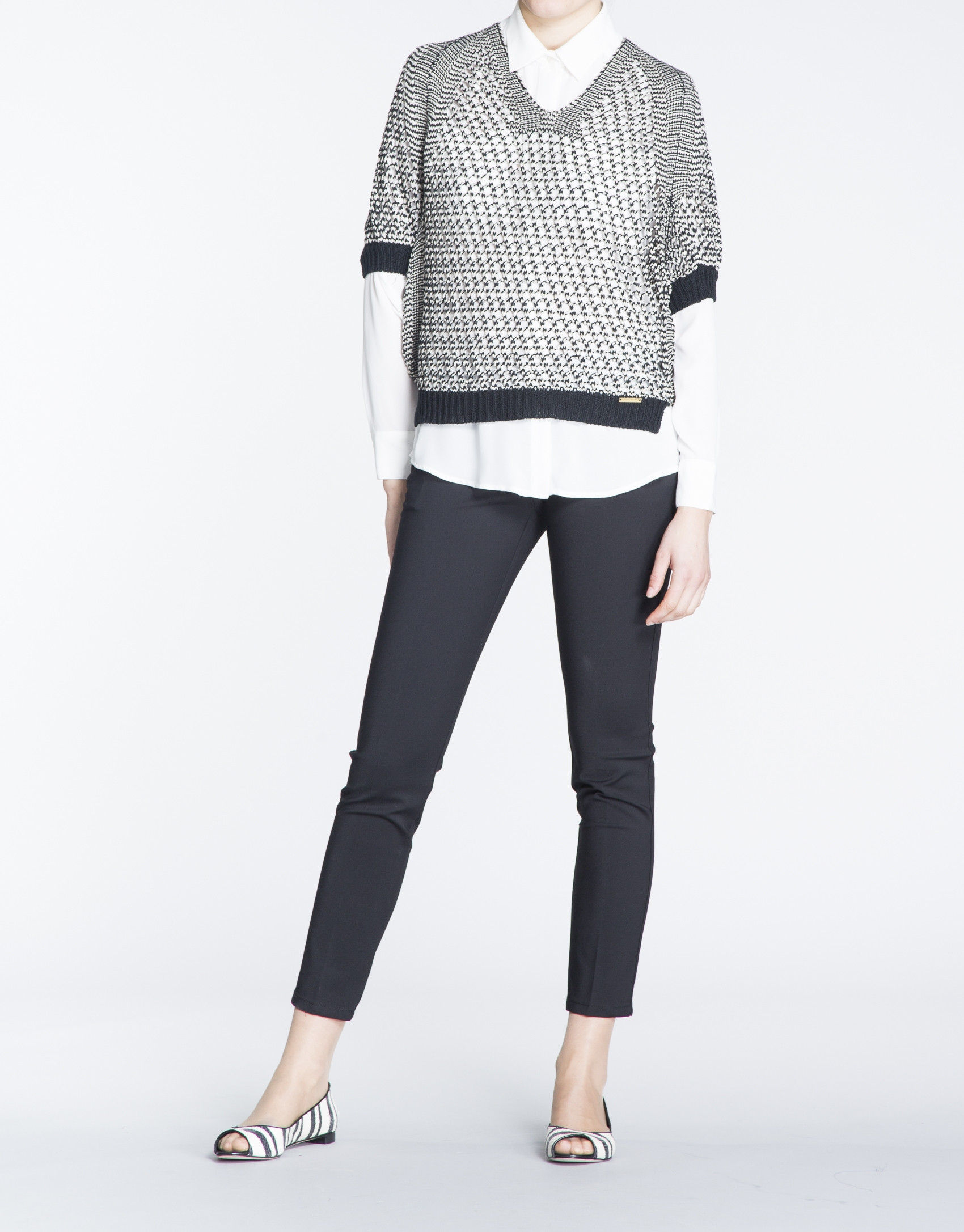 Black, beige and silver open knit bat sleeve sweater 