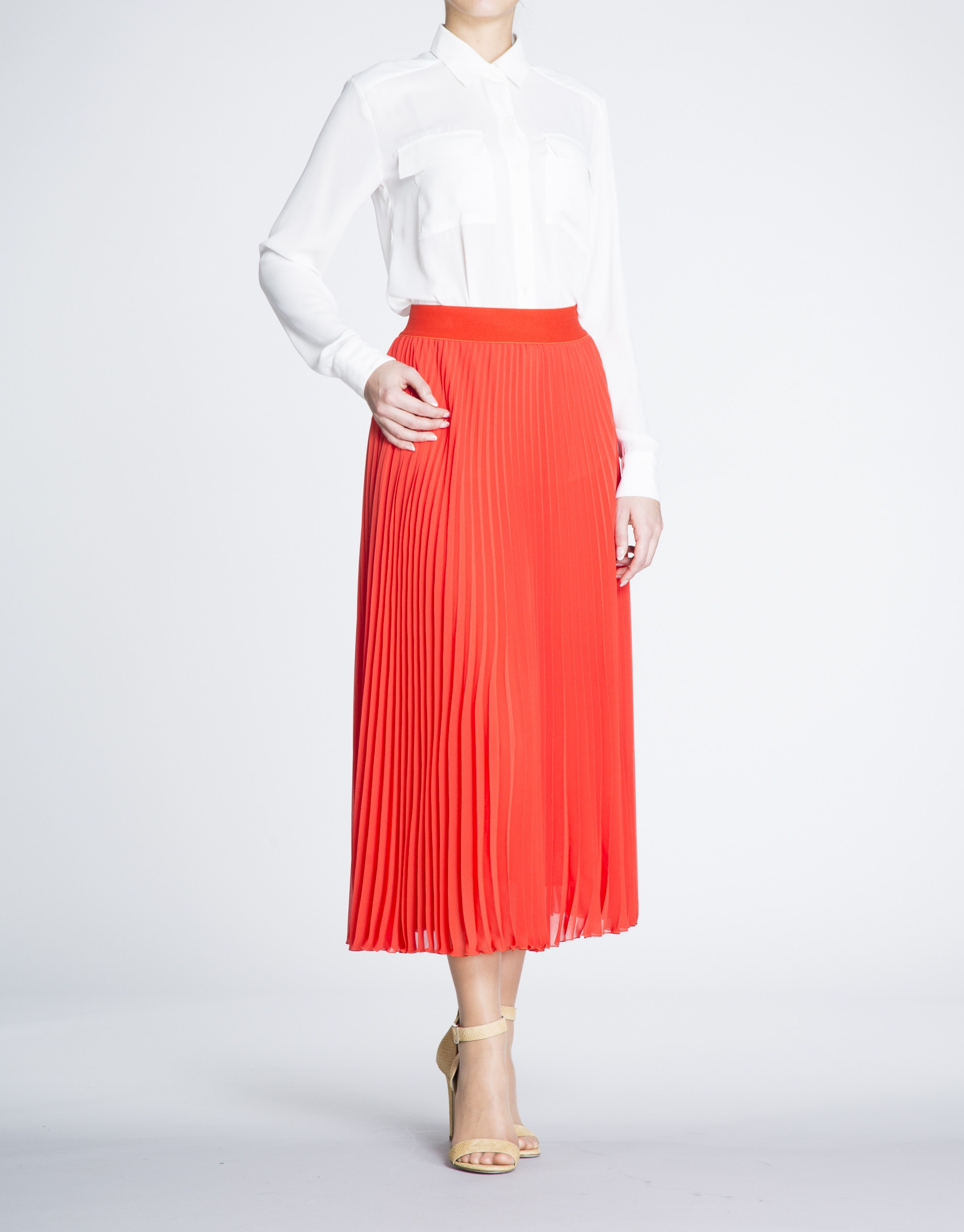 Coral long pleated skirt