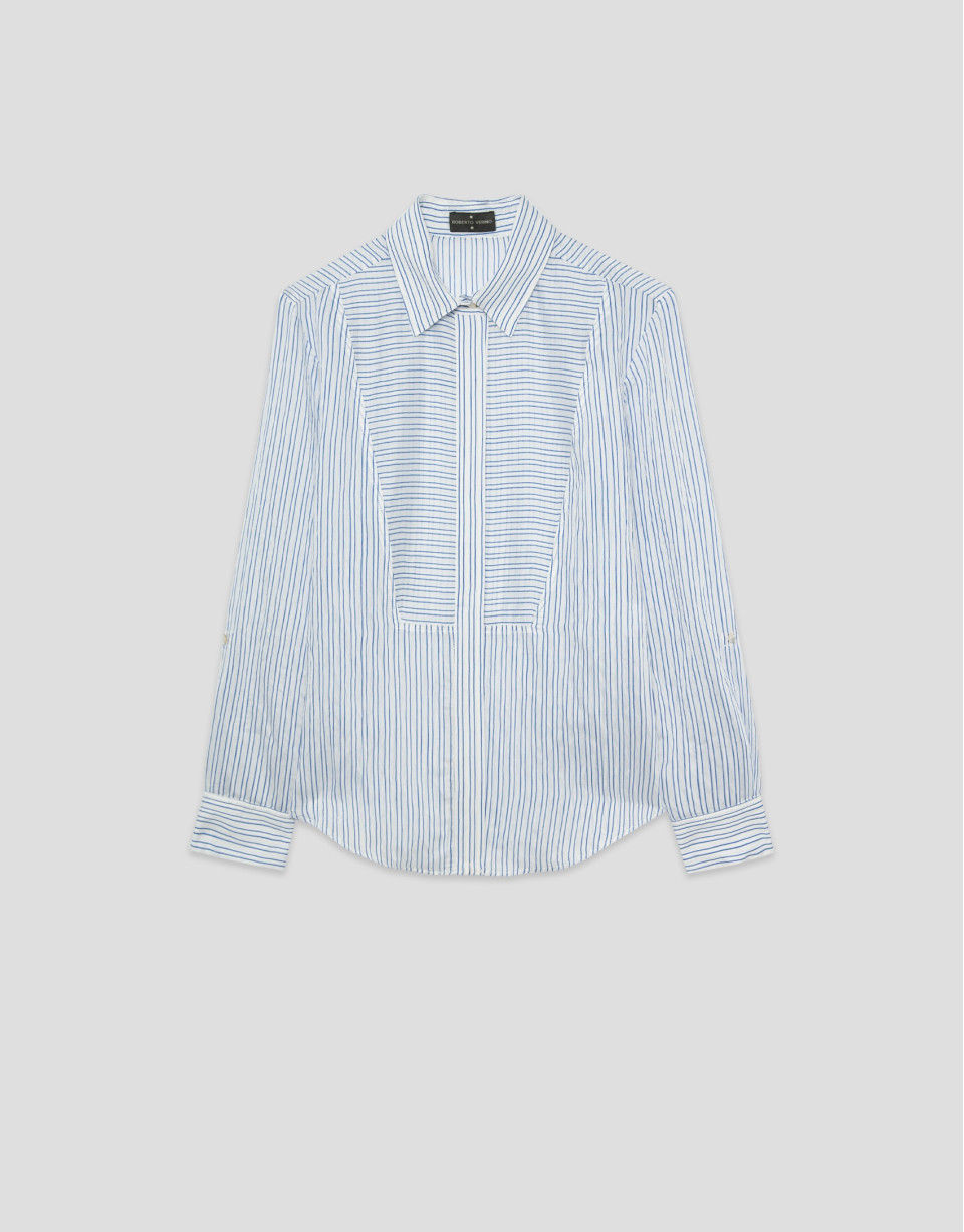 Blusa manga larga remangada rayas azul y blanco | Roberto Verino