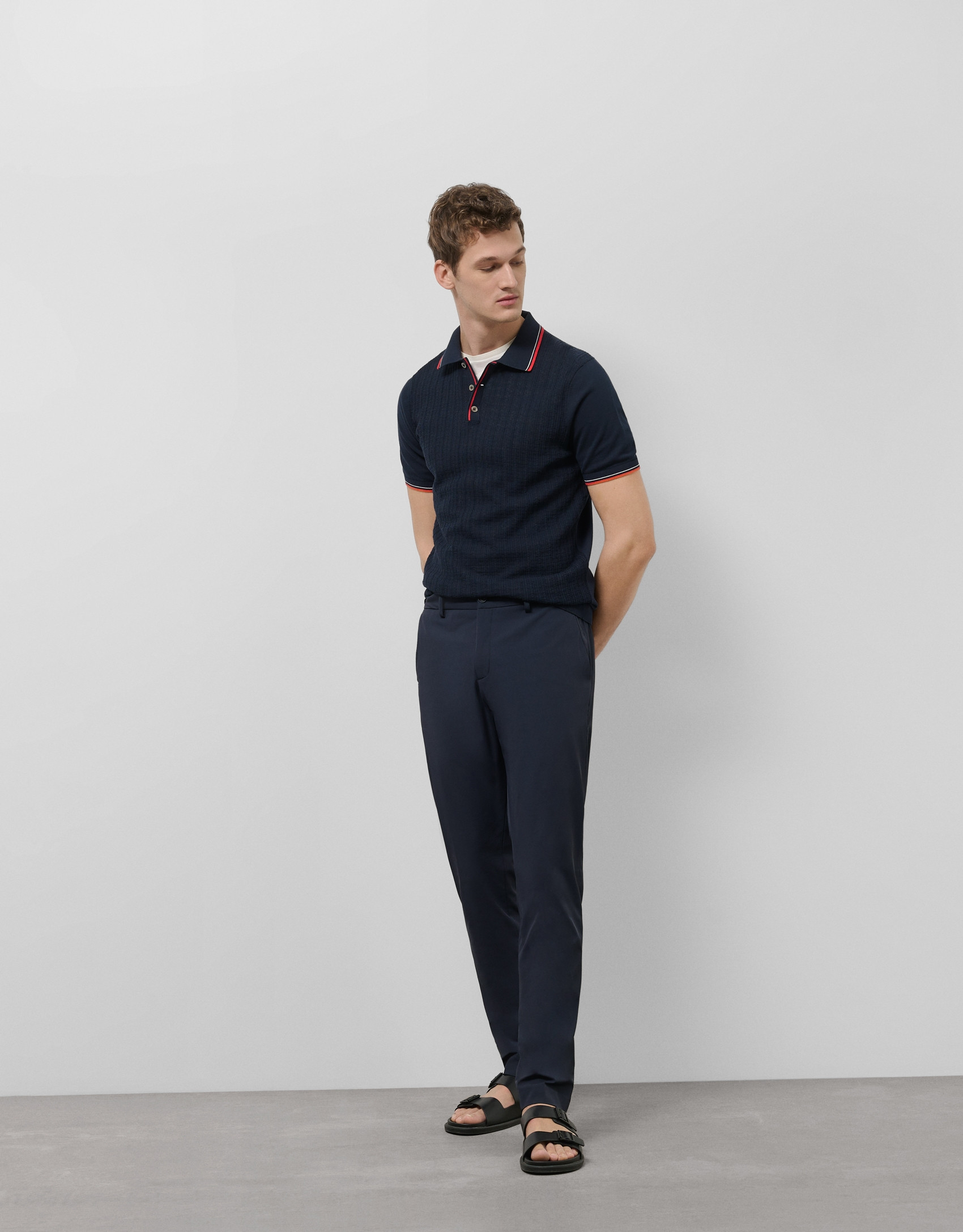 Navy knitted polo shirt with striped structure | Roberto Verino