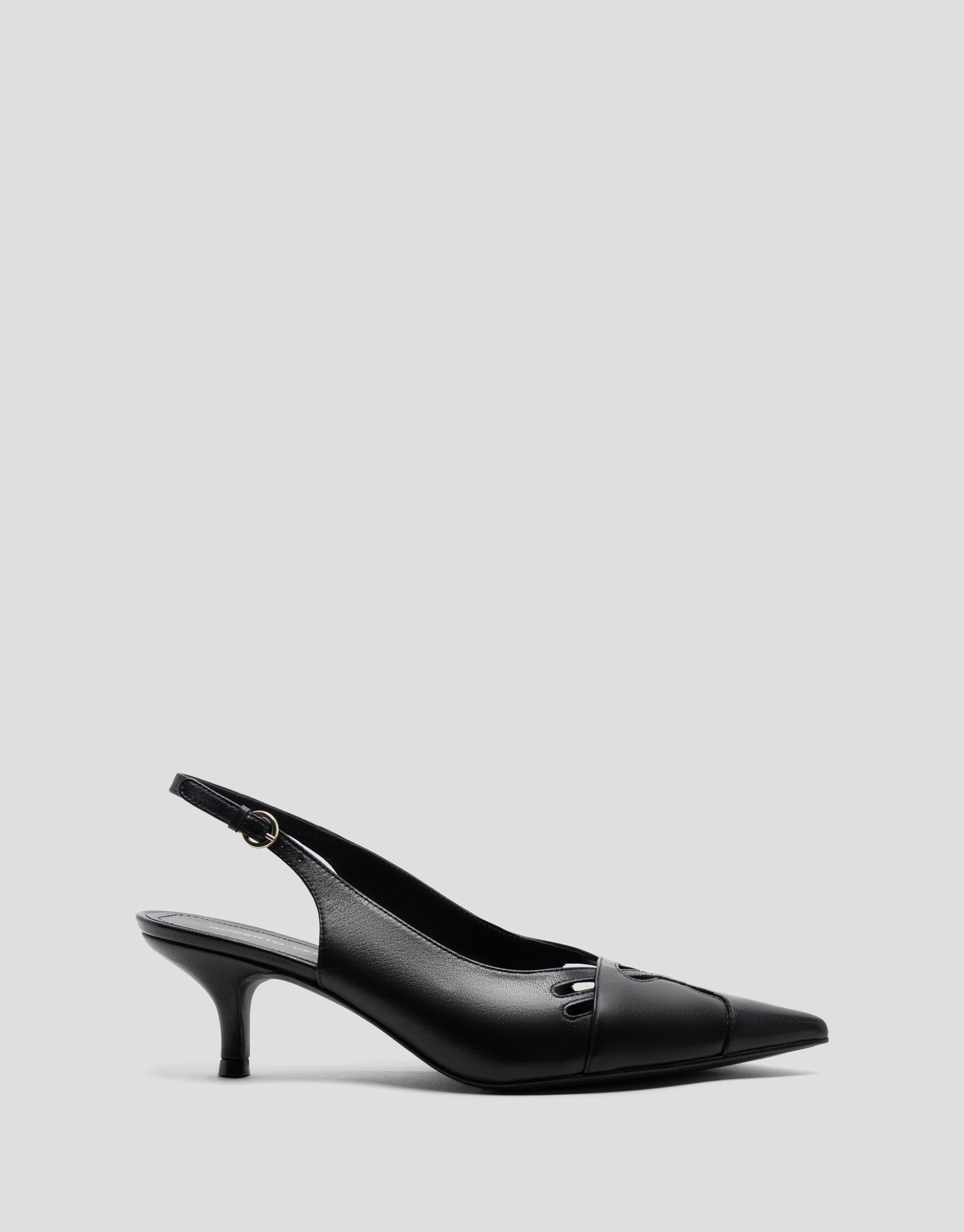 Black leather slingback court shoe with cuts