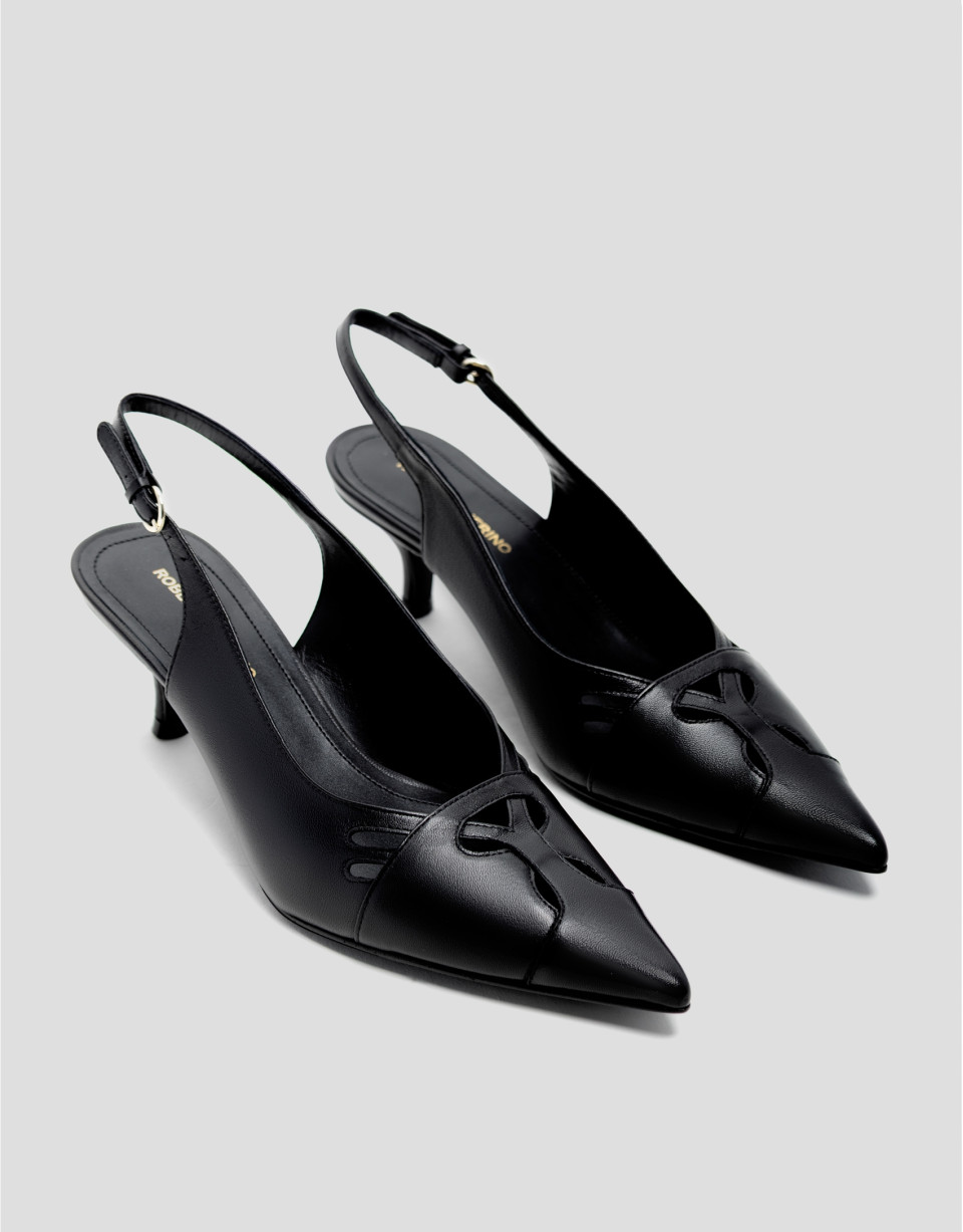 Black leather slingback court shoe with cuts