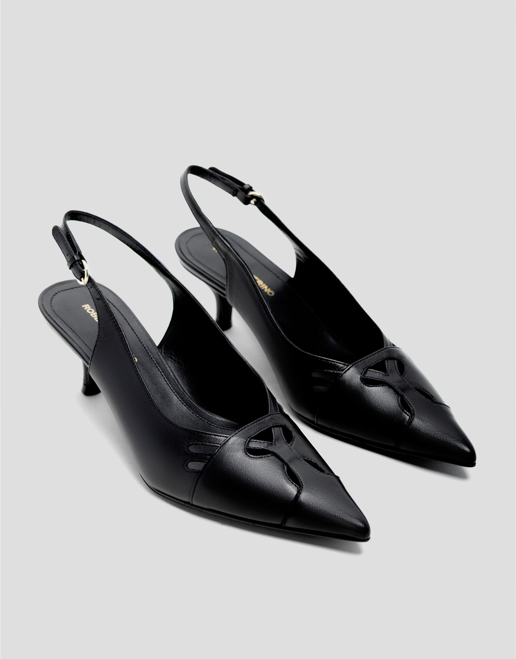 Black leather slingback court shoe with cuts