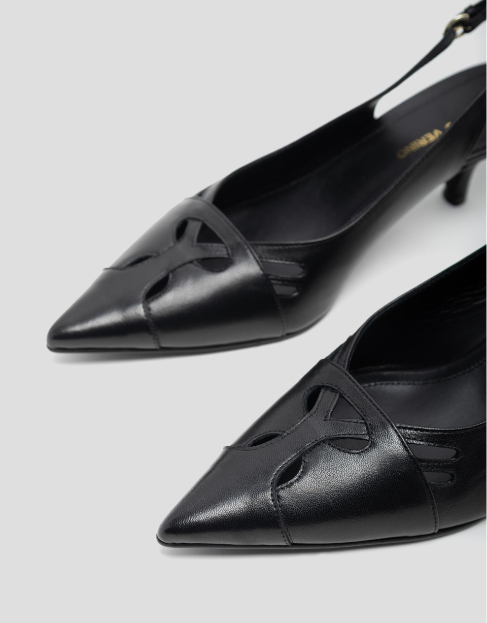 Black leather slingback court shoe with cuts