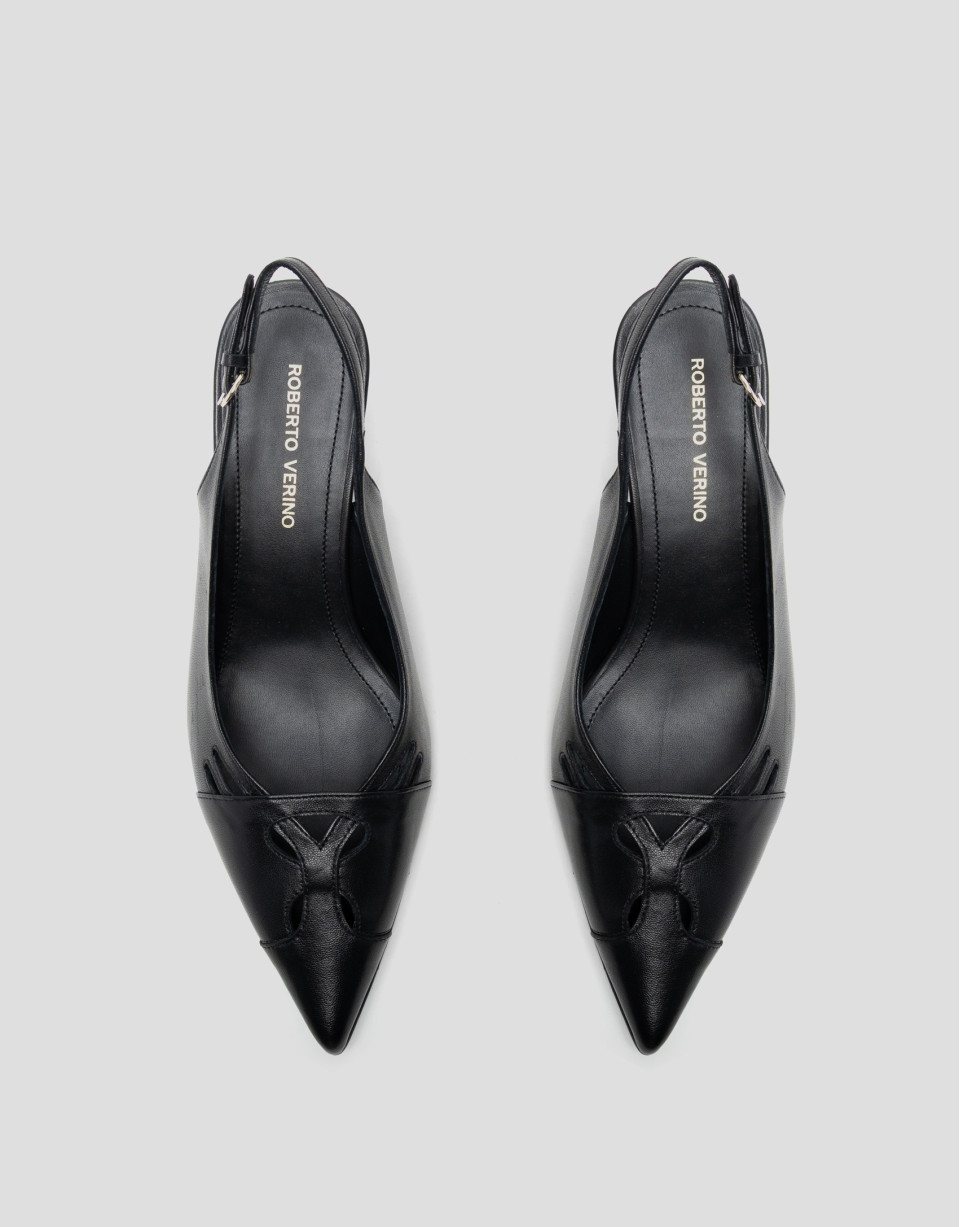 Black leather slingback court shoe with cuts