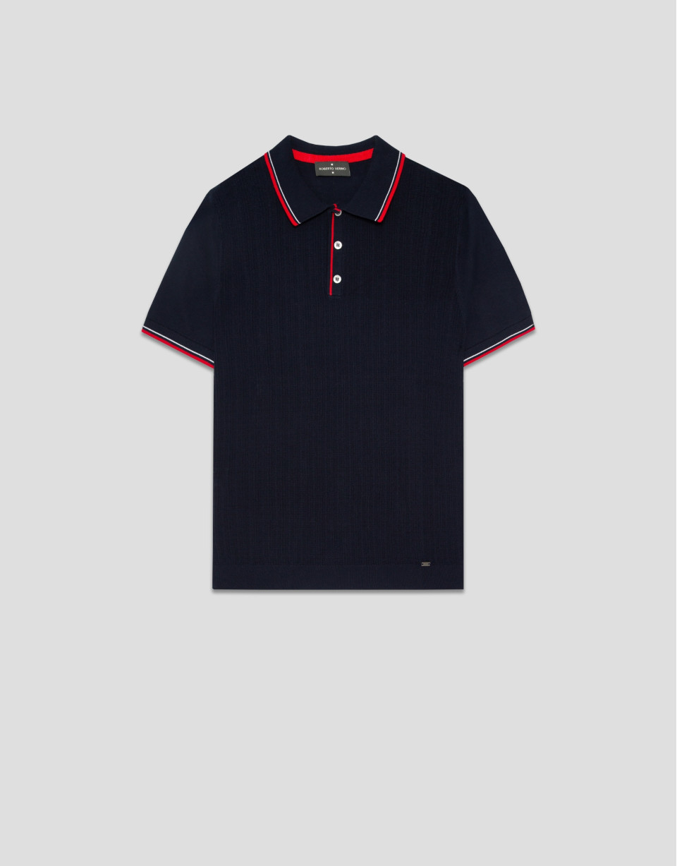 Navy knitted polo shirt with striped structure | Roberto Verino