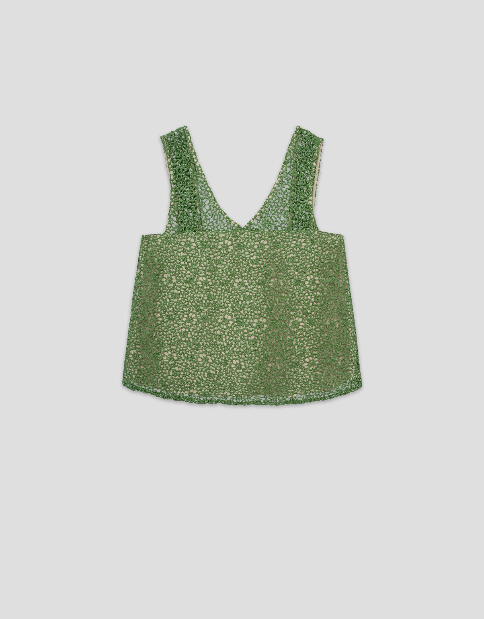 Square neckline strapless top in green guipure | Roberto Verino