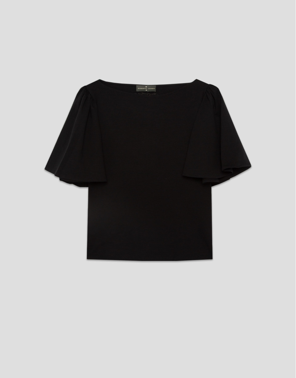 Black cotton top with cape sleeves - Woman | Roberto Verino