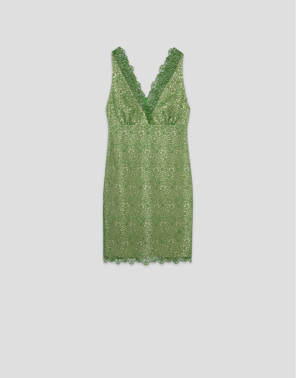 Short green guipure sleeveless V-neck dress | Roberto Verino