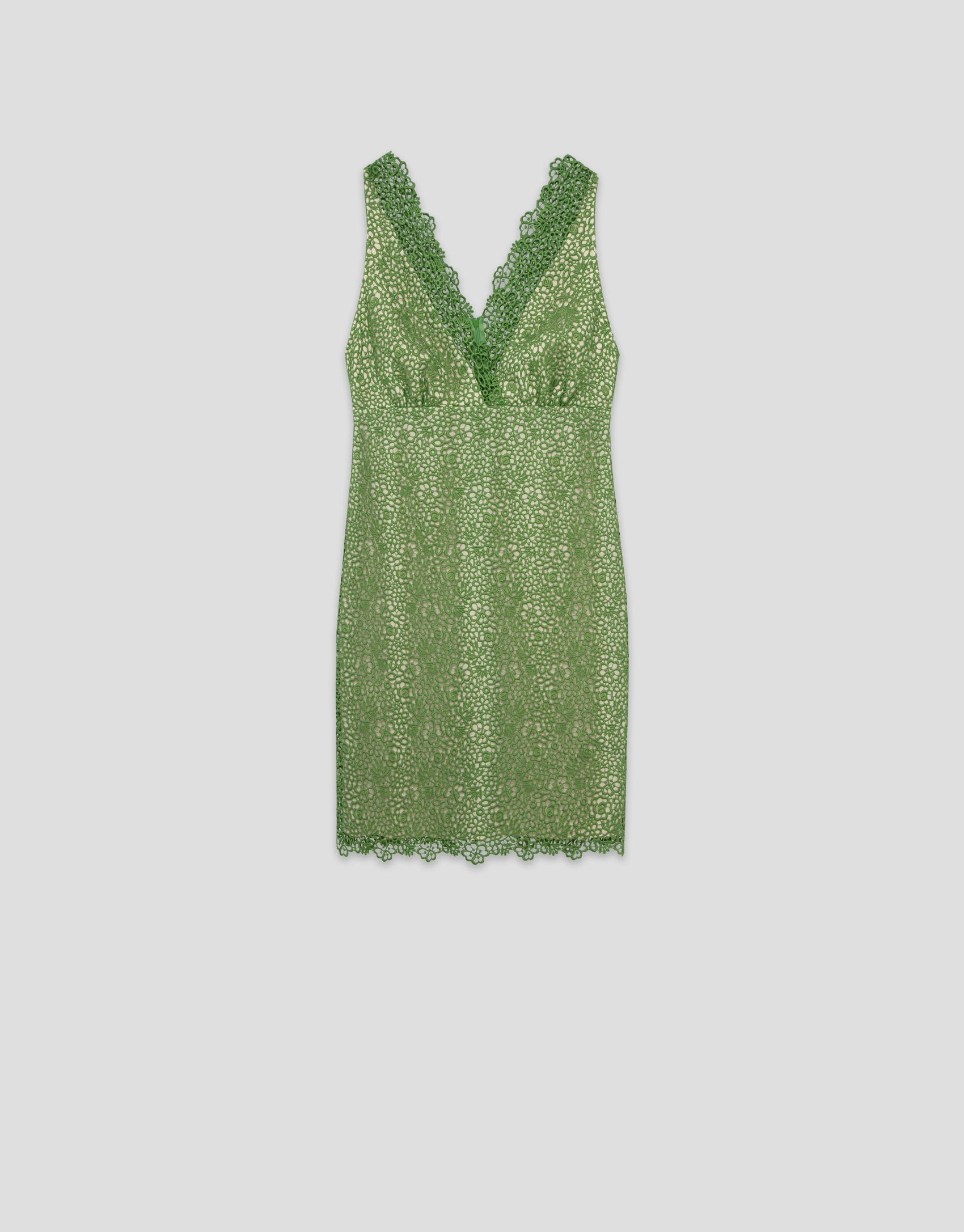 Short green guipure sleeveless V-neck dress | Roberto Verino