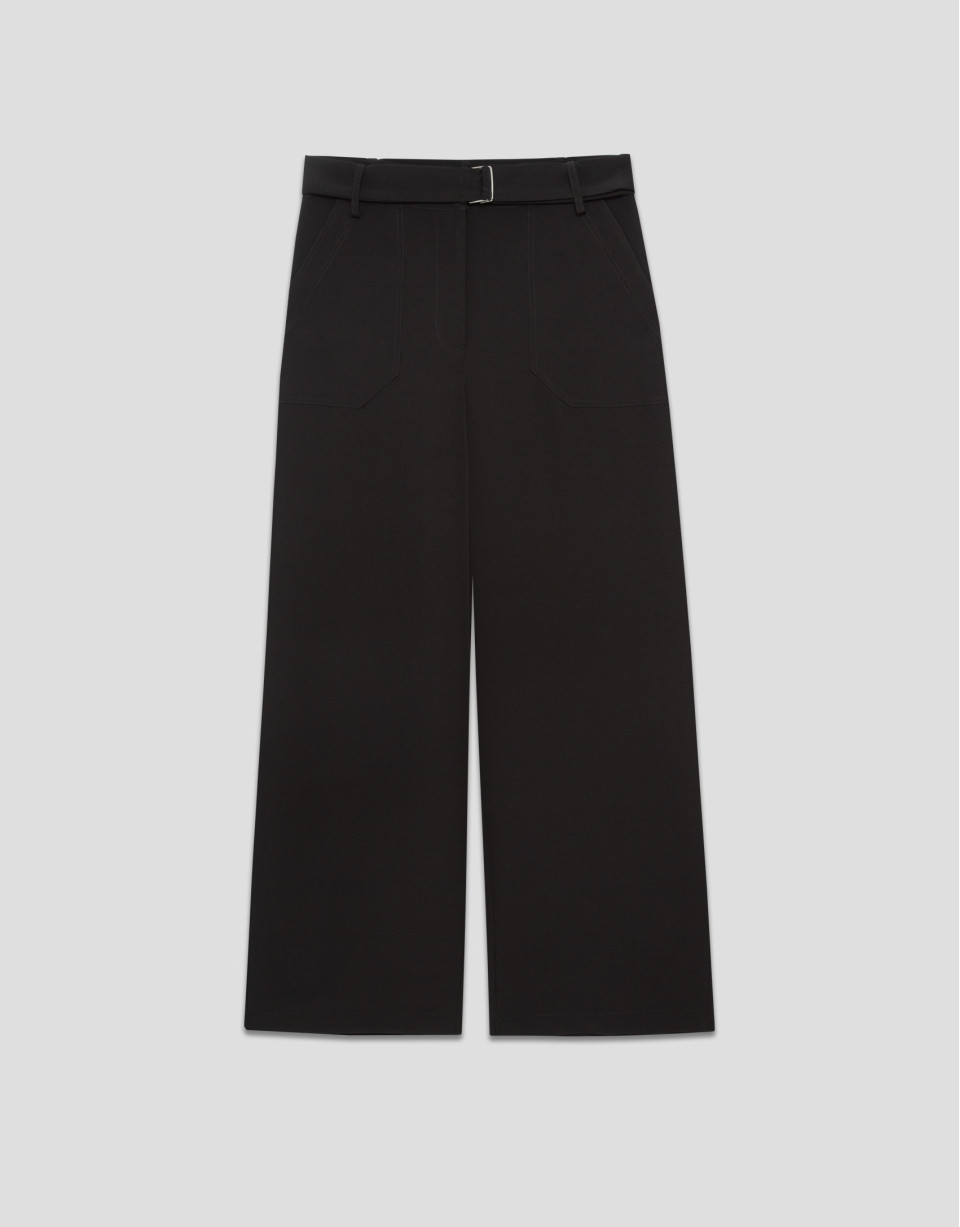 Wide black flowing twill pants with belt | Roberto Verino