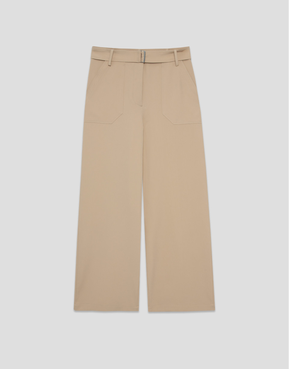 Pantalón ancho fluido twill marrón con cinturón | Roberto Verino