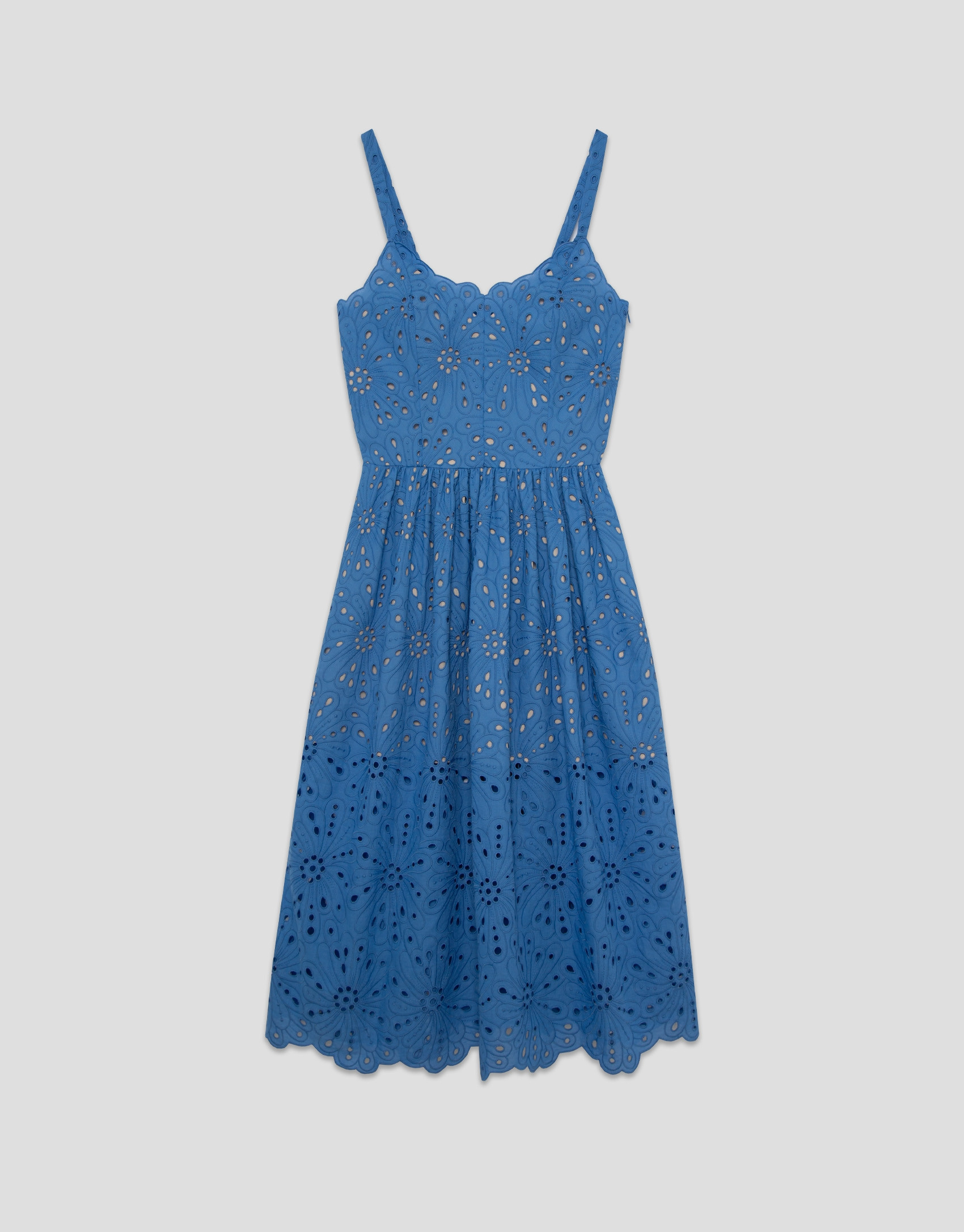 Vestido midi tirantes bordado suizo azul | Roberto Verino