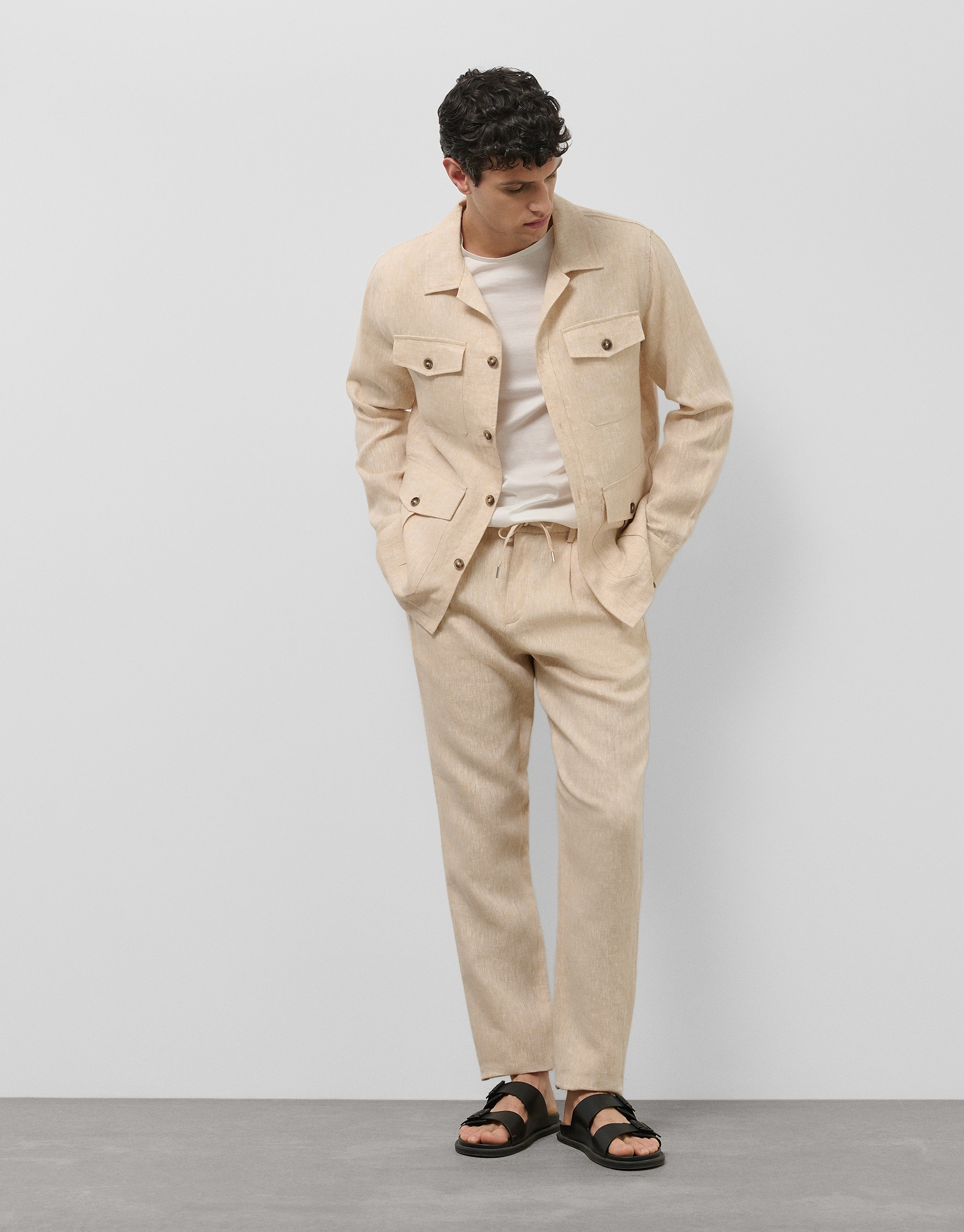 Beige linen four-pocket safari jacket - Man | Roberto Verino