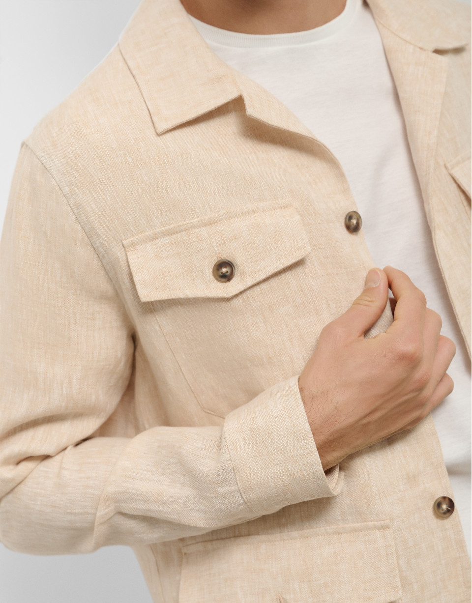 Beige linen four-pocket safari jacket - Man | Roberto Verino