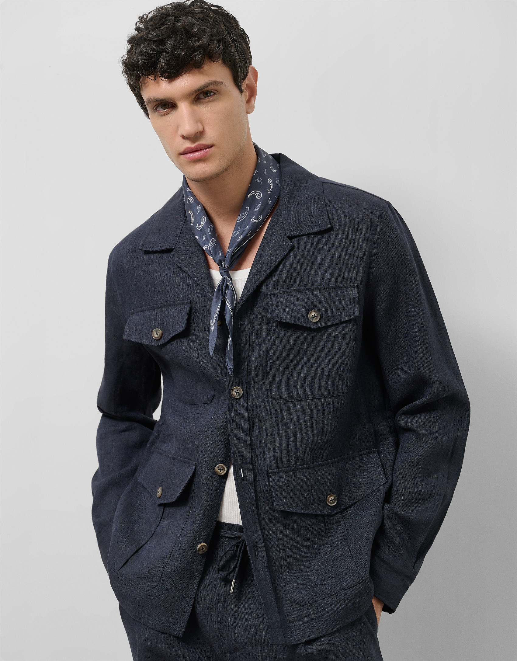 Blue linen four-pocket safari jacket - Man | Roberto Verino