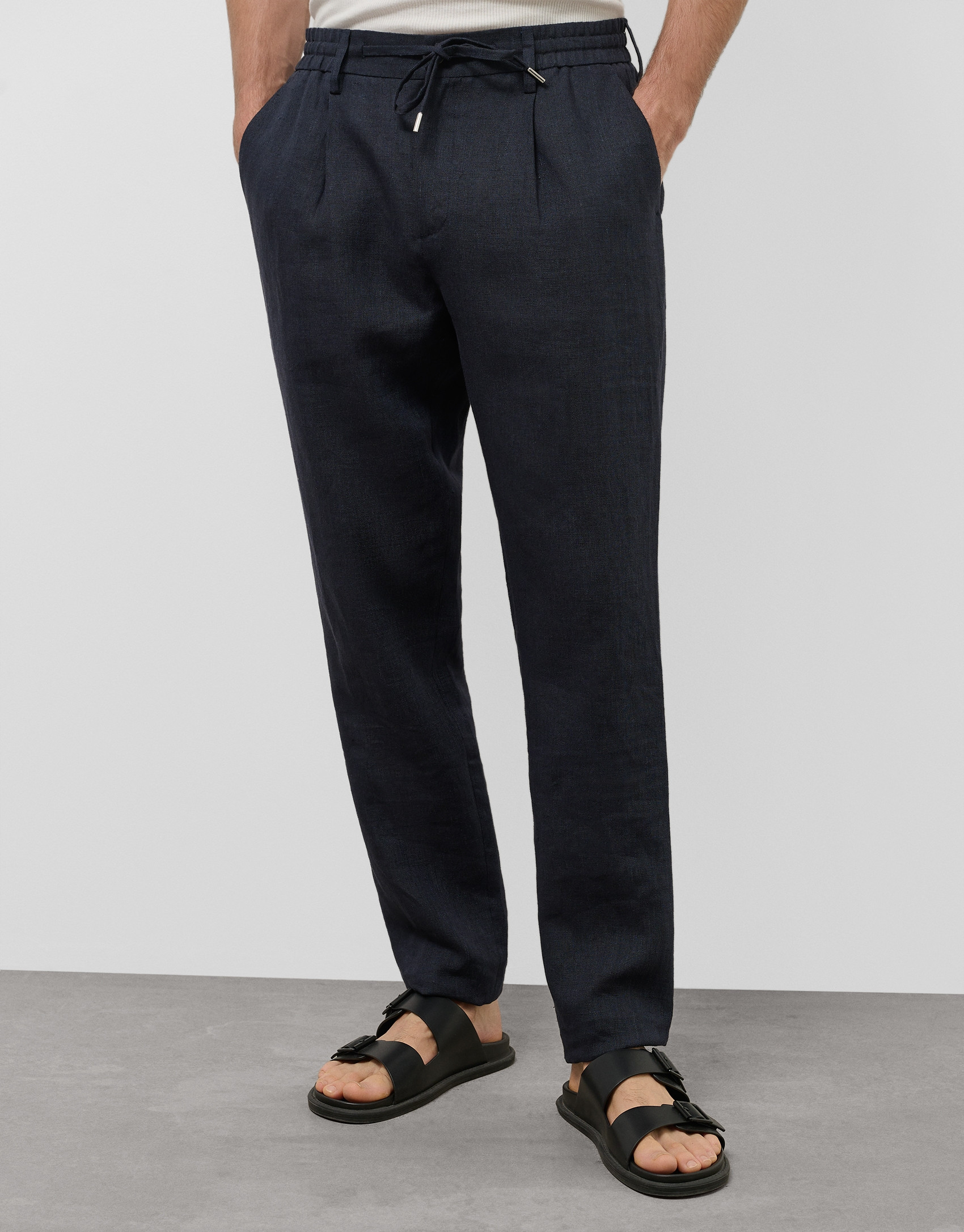 Blue melange linen pants with darts - Man | Roberto Verino