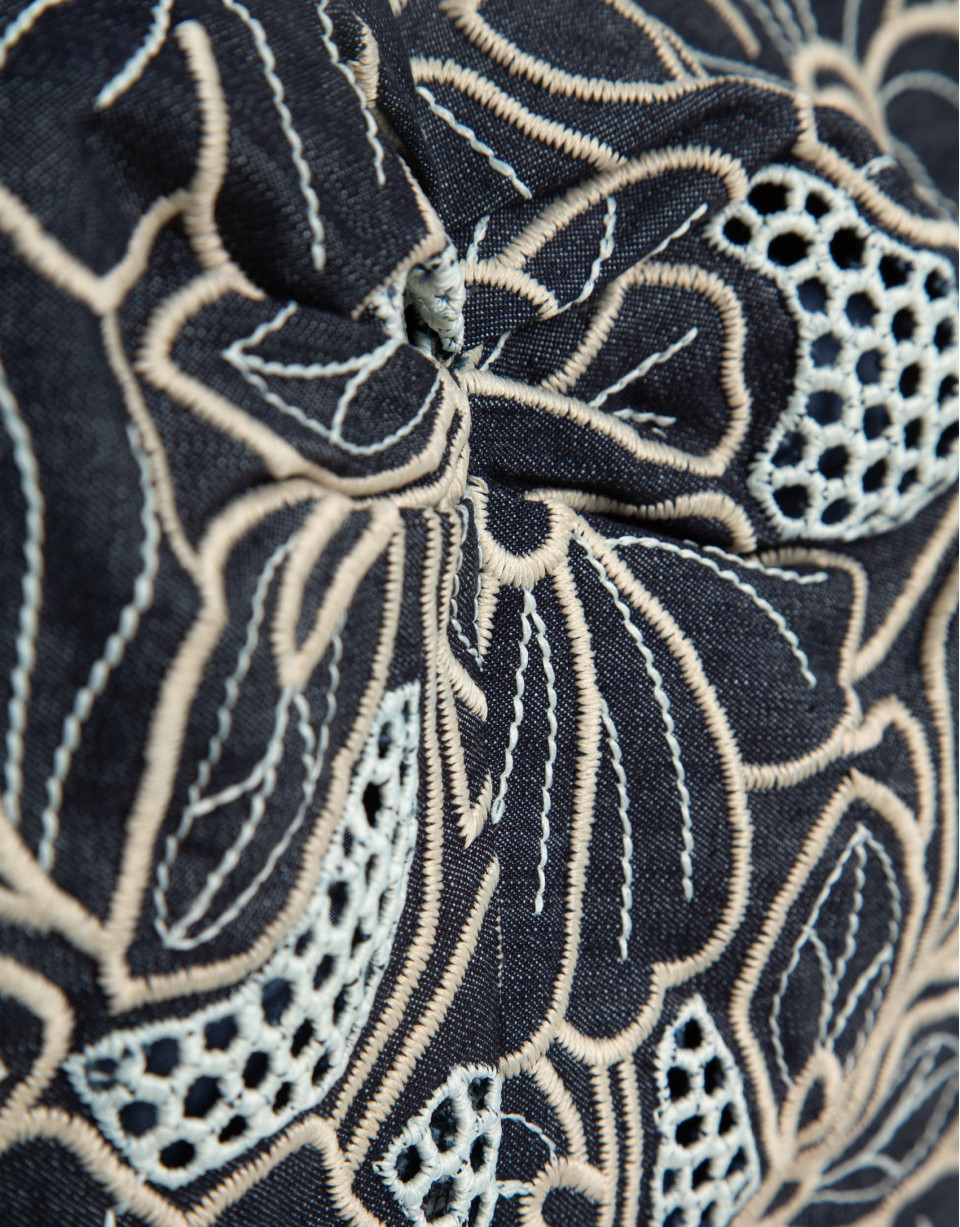 Blue denim cropped top with floral embroidery... | Roberto Verino