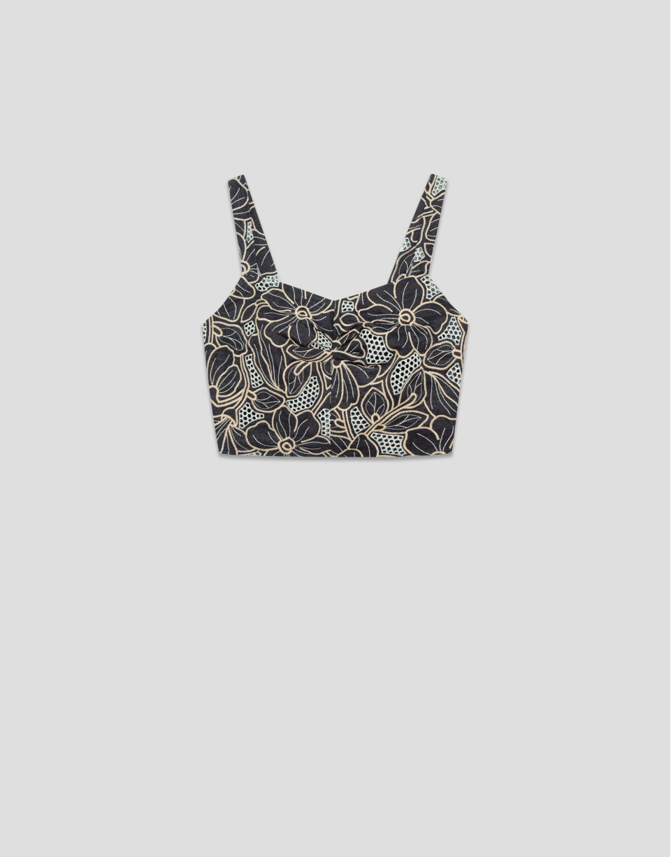 Crop top en tejido vaquero azul con bordado ... | Roberto Verino