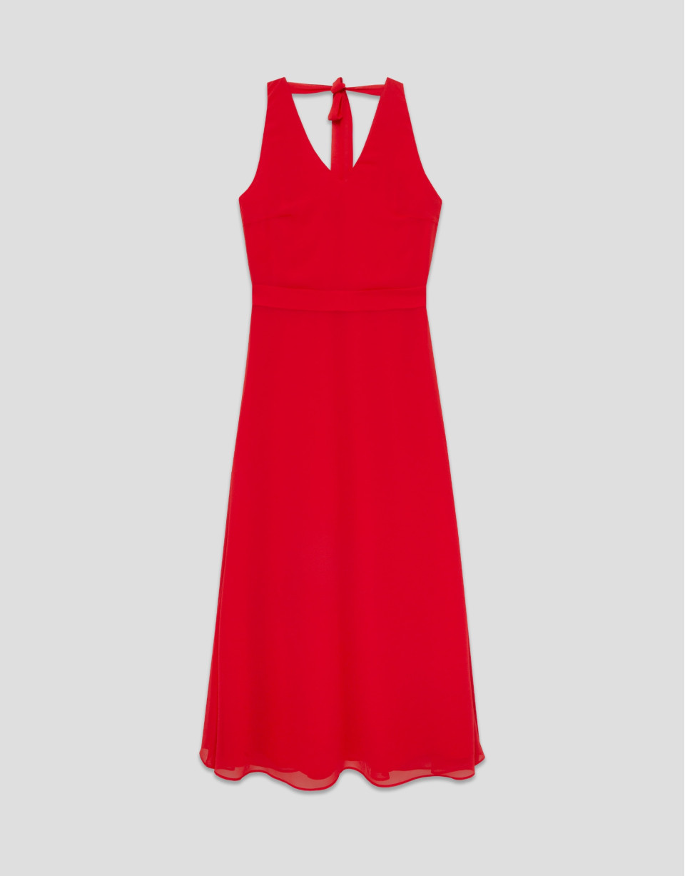 Red georgette crepe long dress with tied ... | Roberto Verino