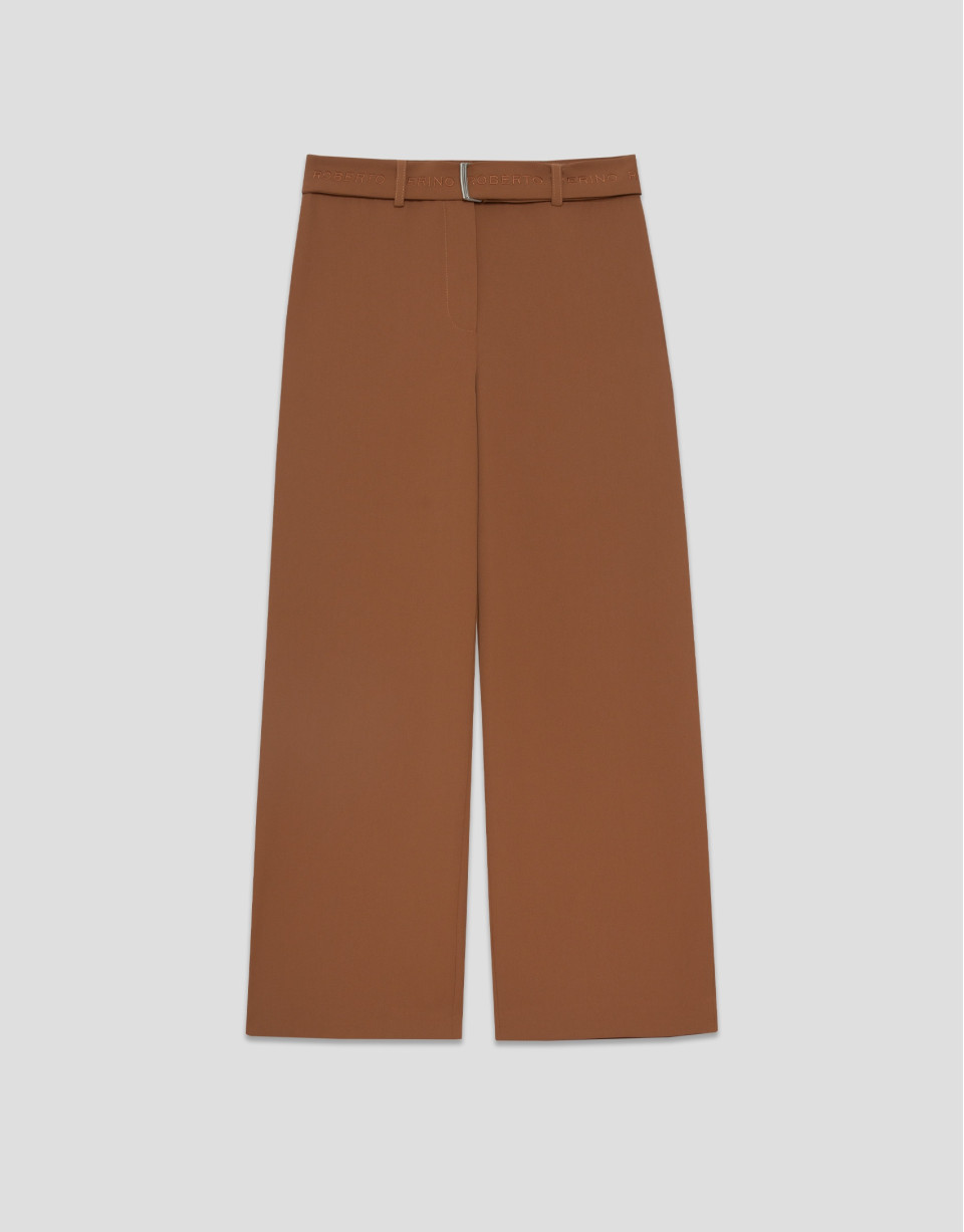 Pantalón ancho fluido twill marrón con cinturón | Roberto Verino