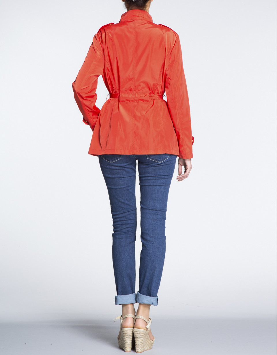 Geranium red short trench with Mao collar