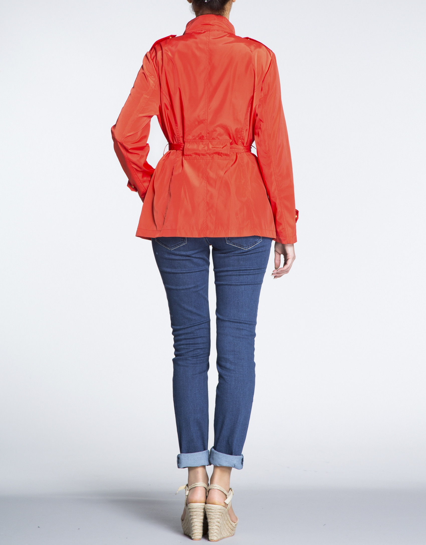 Geranium red short trench with Mao collar
