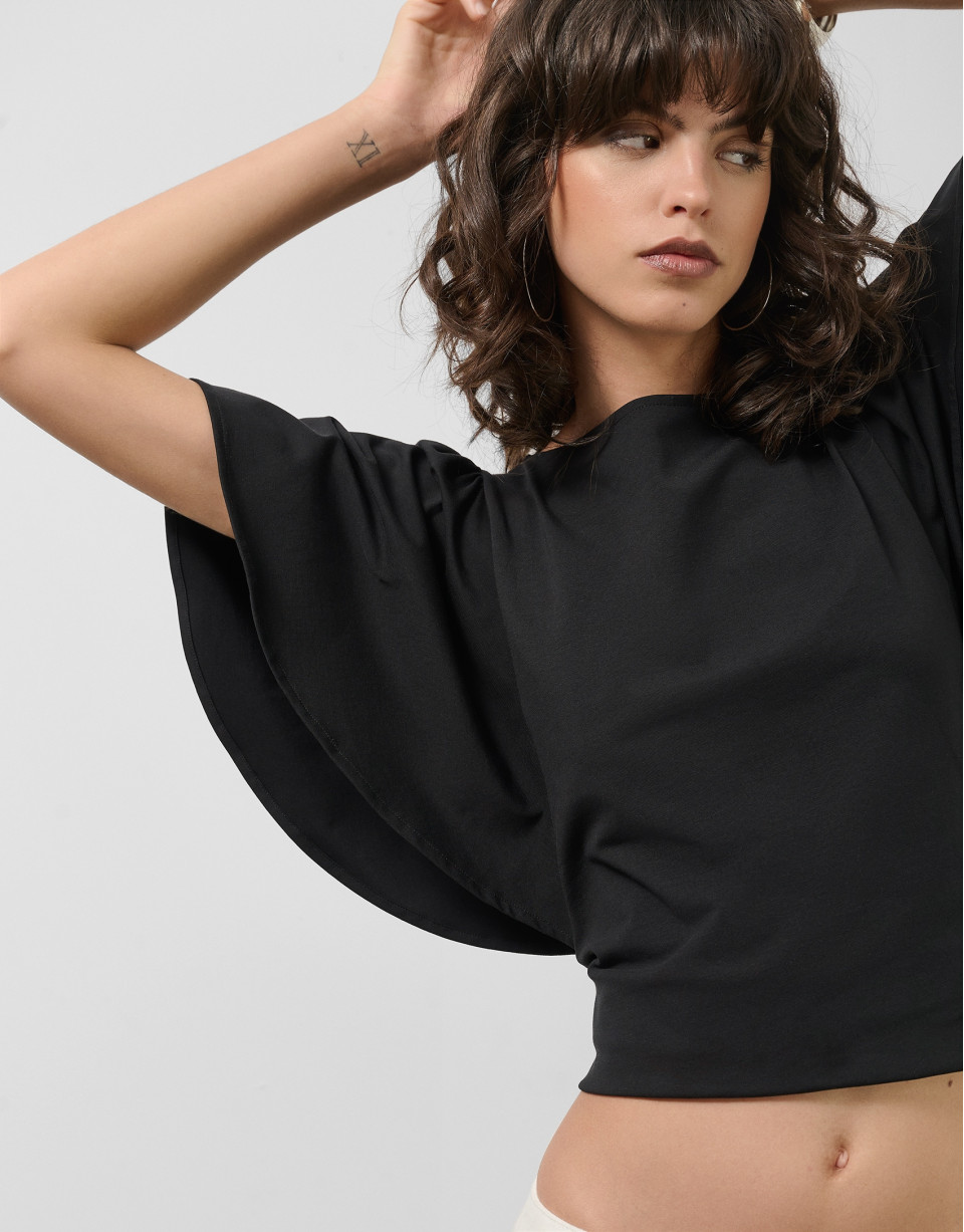 Black cotton top with cape sleeves - Woman | Roberto Verino