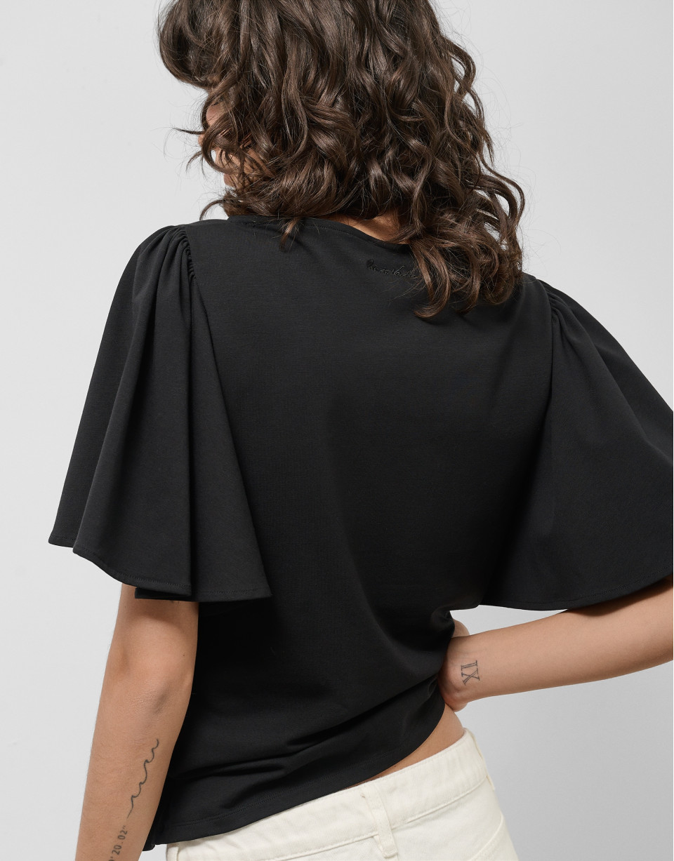 Camiseta manga capa en algodón negro - Mujer | Roberto Verino