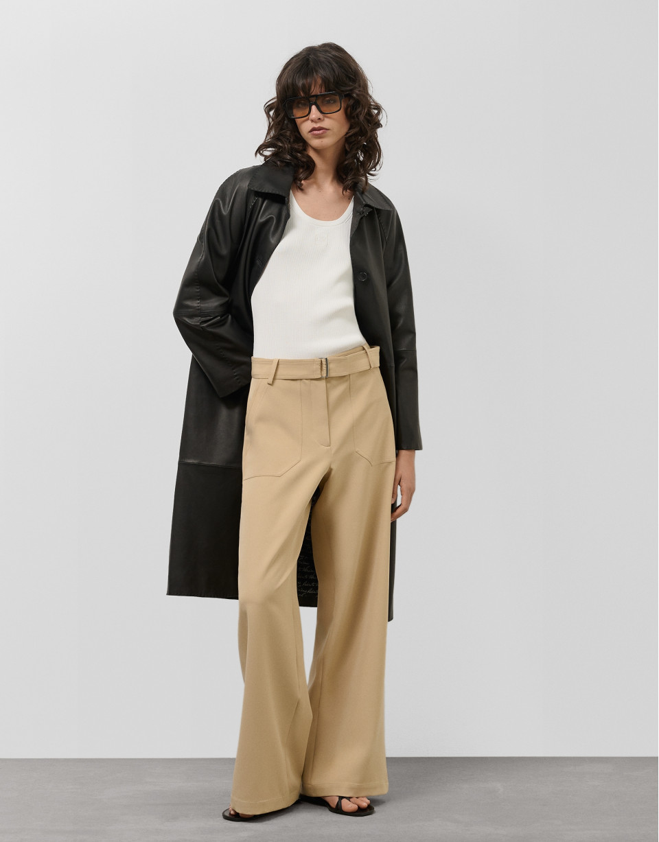 Pantalón ancho fluido twill marrón con cinturón | Roberto Verino