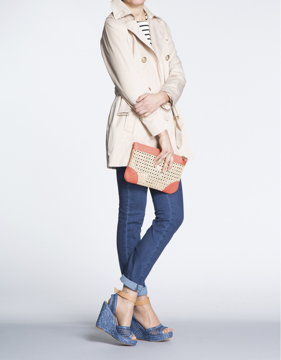 Beige long trench with lapel collar