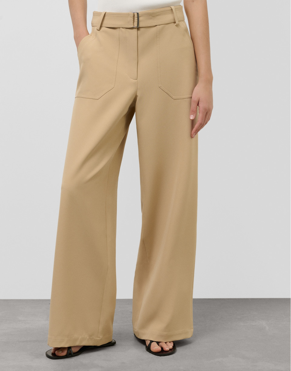 Pantalón ancho fluido twill marrón con cinturón | Roberto Verino