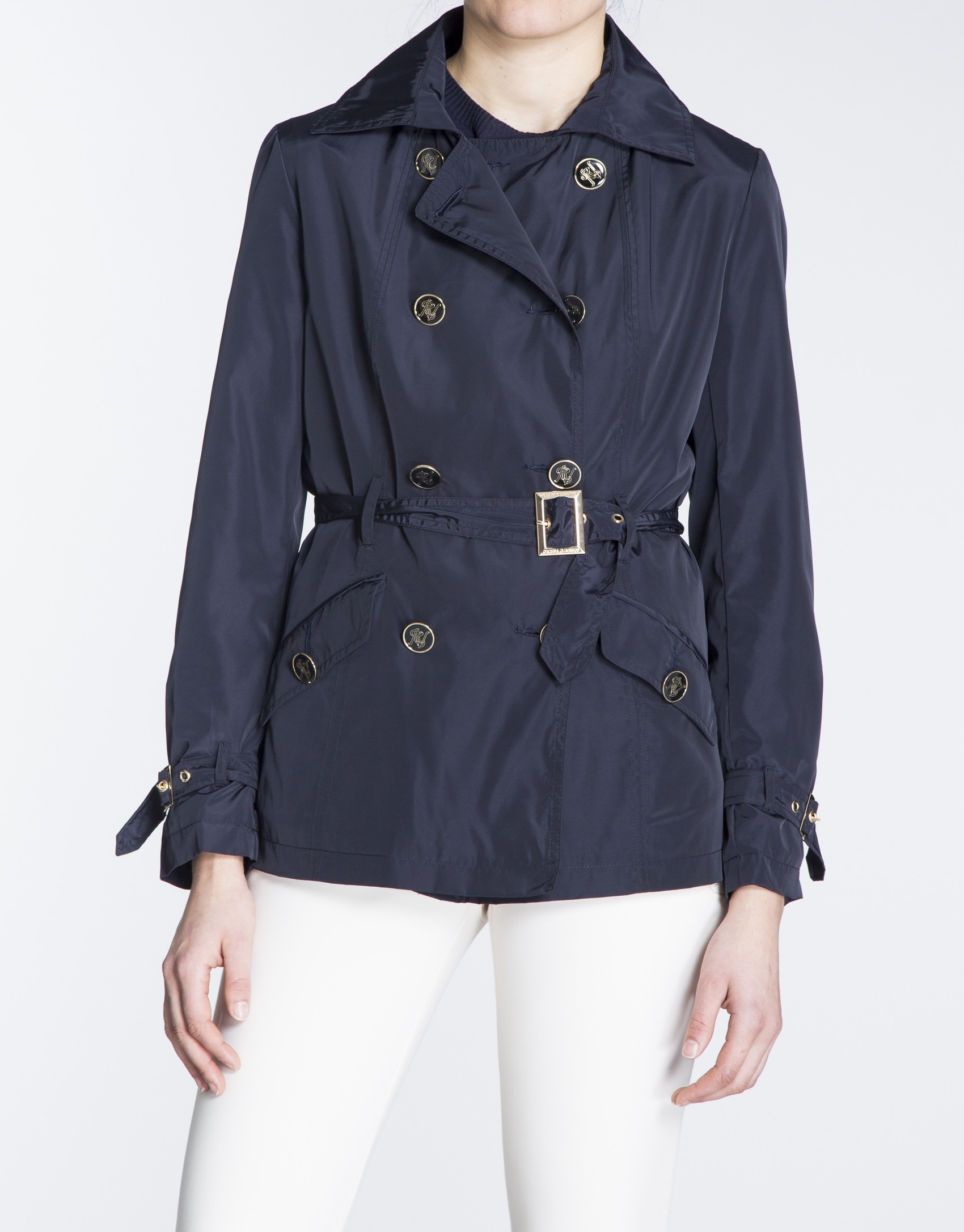 Navy blue gabardine with double row of buttons 