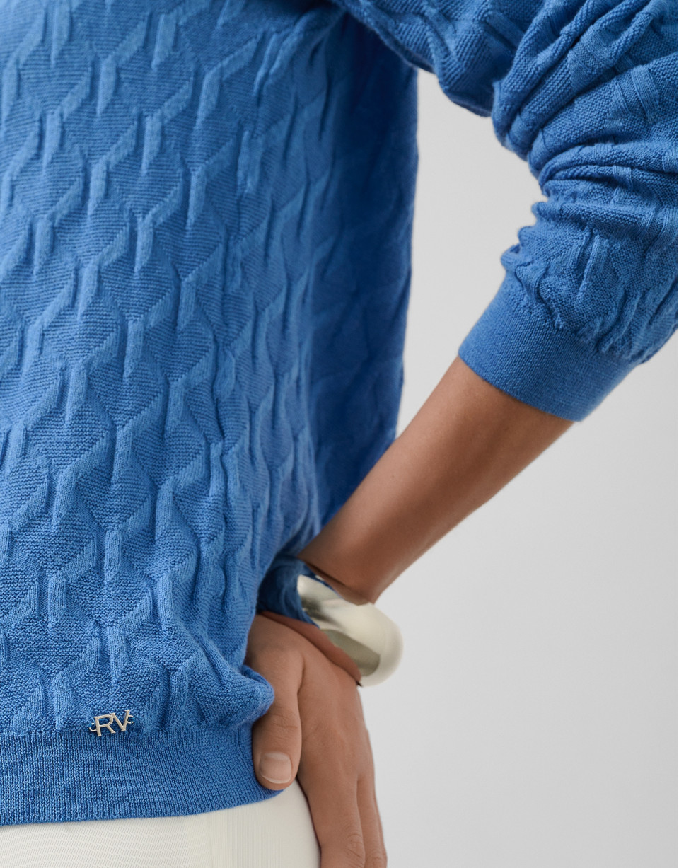Navy blue cable knit long sleeve wool sweater | Roberto Verino