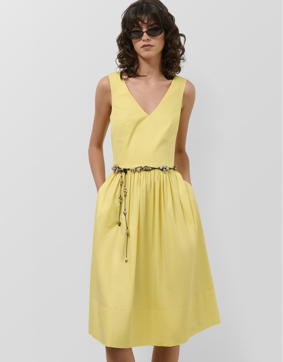 Yellow cotton sleeveless midi dress - Woman | Roberto Verino