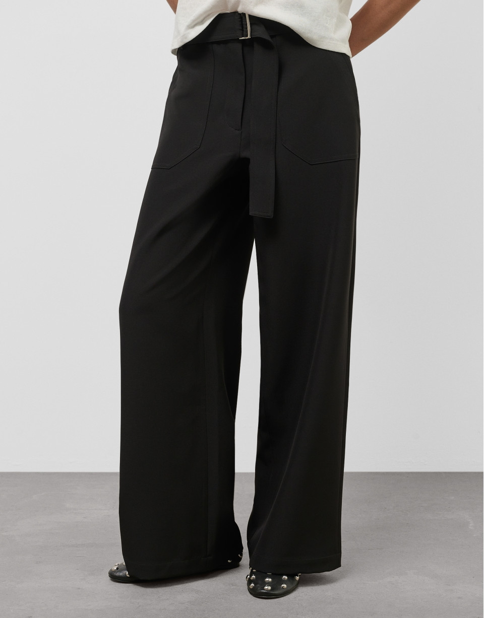 Wide black flowing twill pants with belt | Roberto Verino