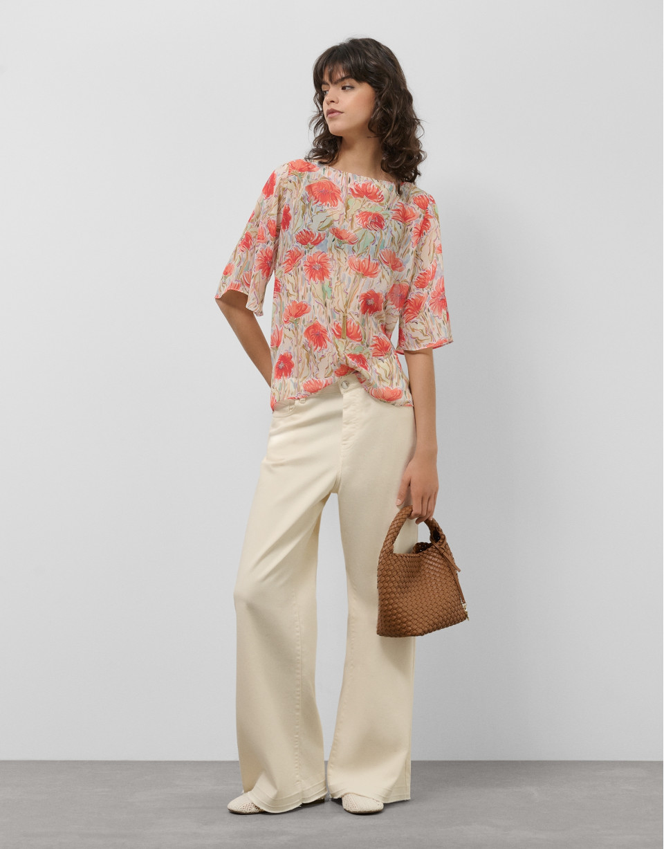 Loose coral and red chiffon blouse with ... | Roberto Verino