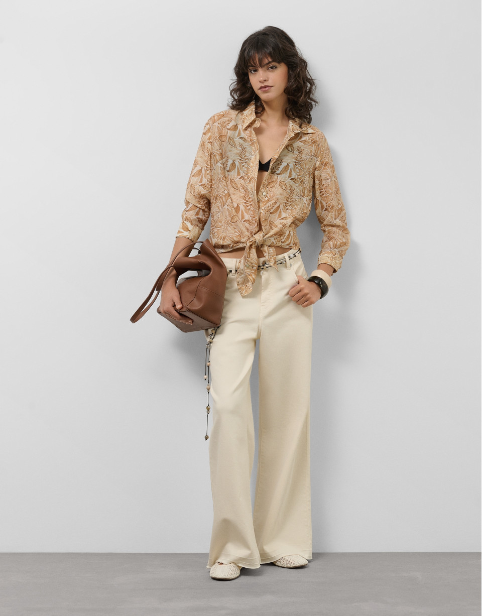 Long beige chiffon blouse with decorative ... | Roberto Verino