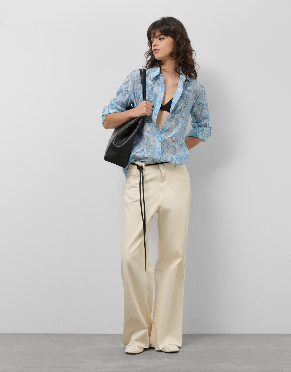 Long blouse in blue vegetable print chiffon | Roberto Verino